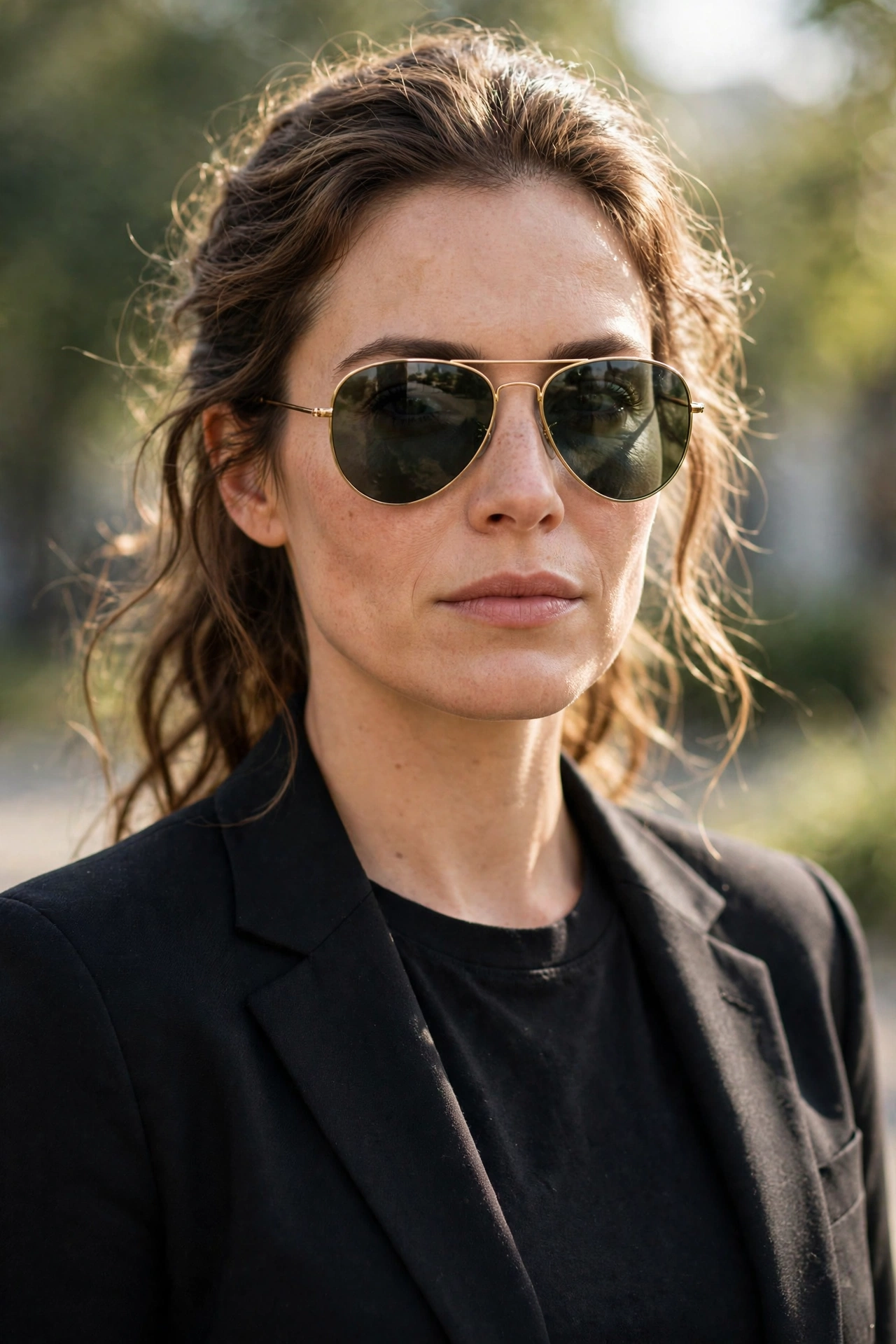 Woman in a camel blazer wearing classic gold aviator sunglasses outdoors