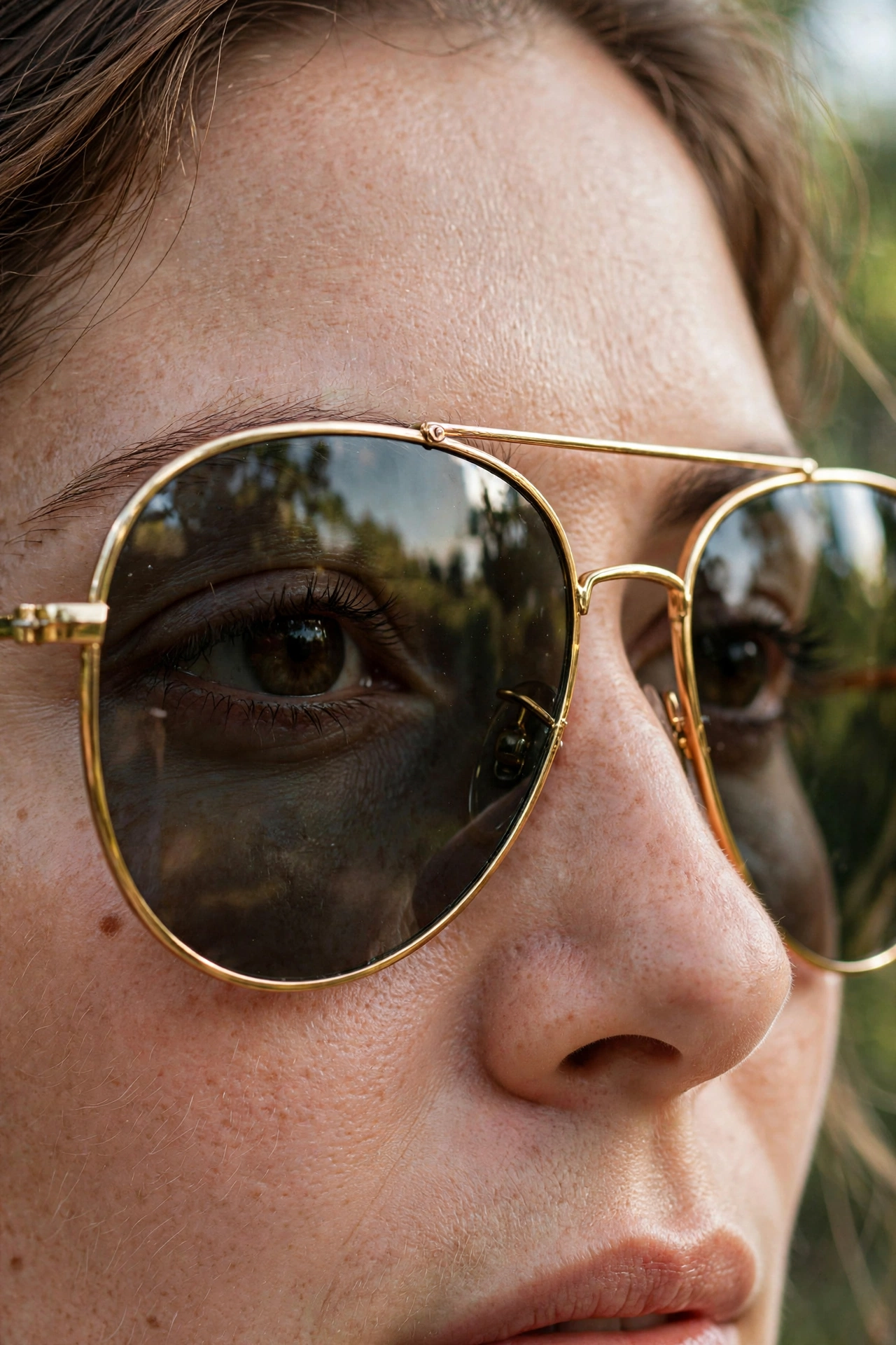 Close-up detail of classic aviator frames worn on a face