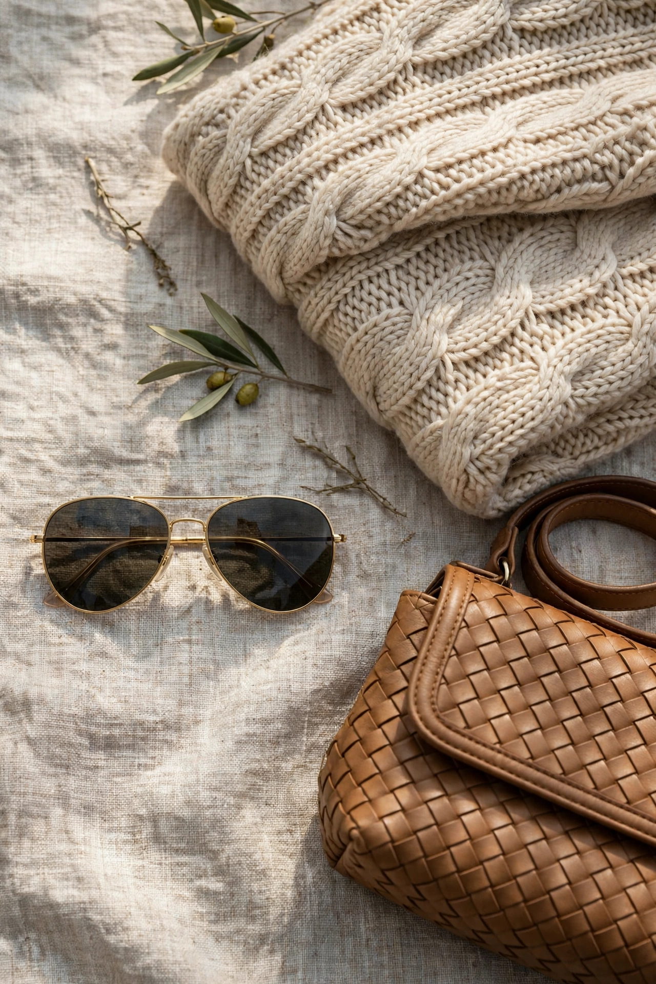 Flat-lay of aviator sunglasses with a knit sweater and handbag