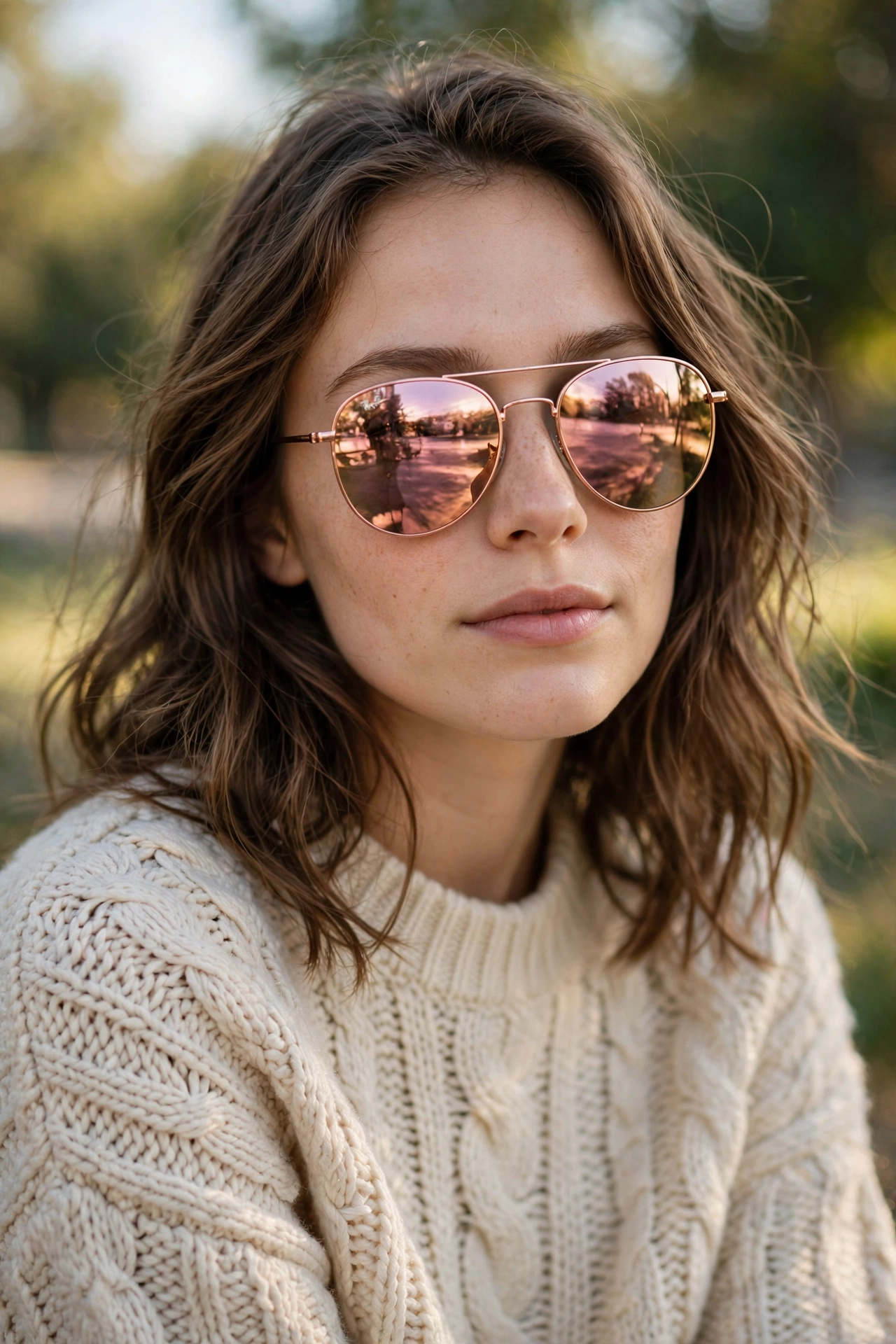 Woman wearing rose-gold mirrored aviator sunglasses with a soft knit sweater