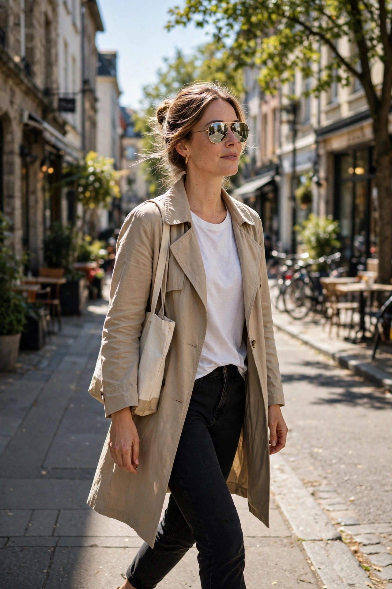 Woman wearing aviator sunglasses walking on a sunny street