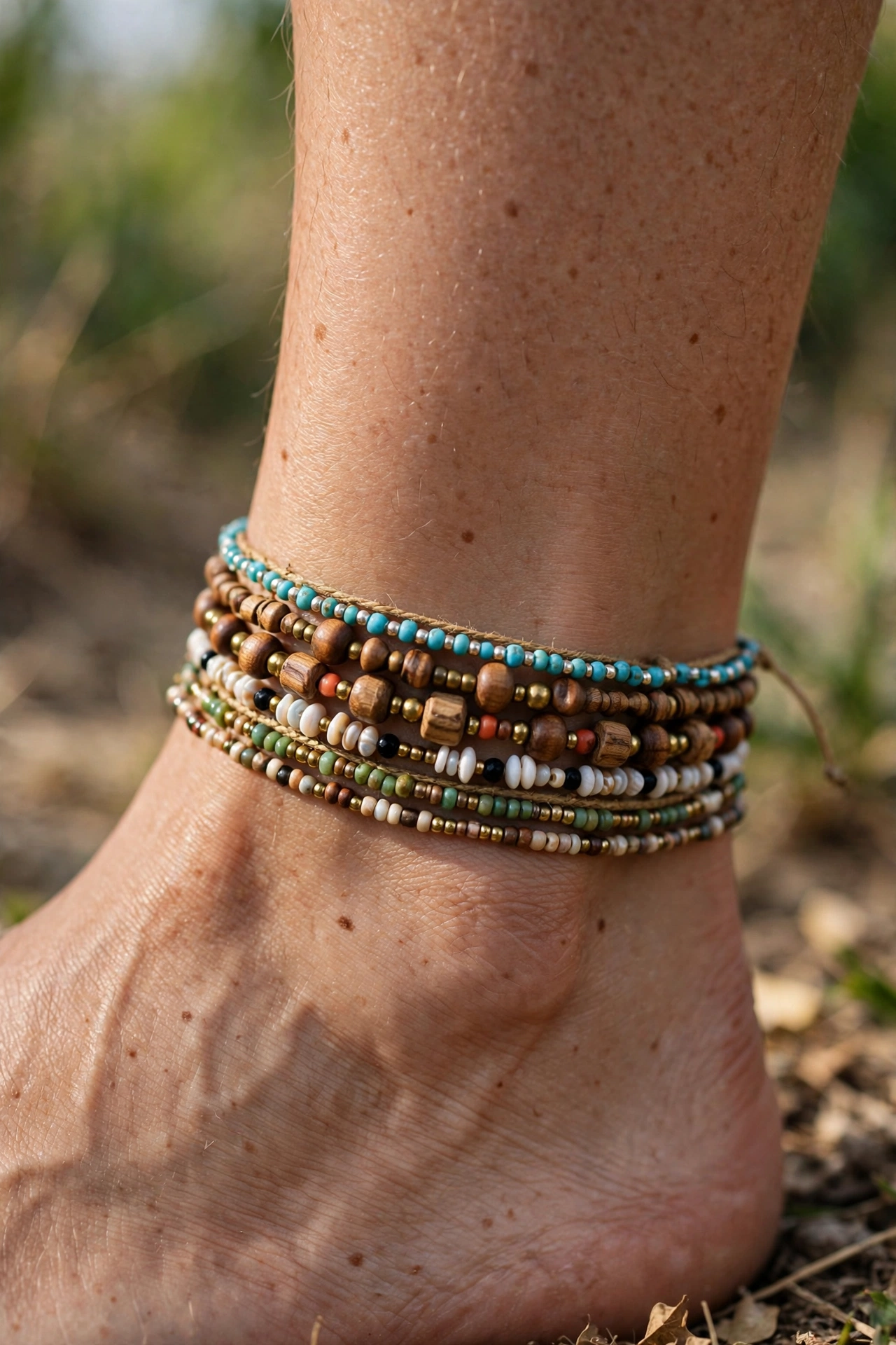 Close-up detail of a delicate beaded anklet showing small turquoise, coral and pearl beads