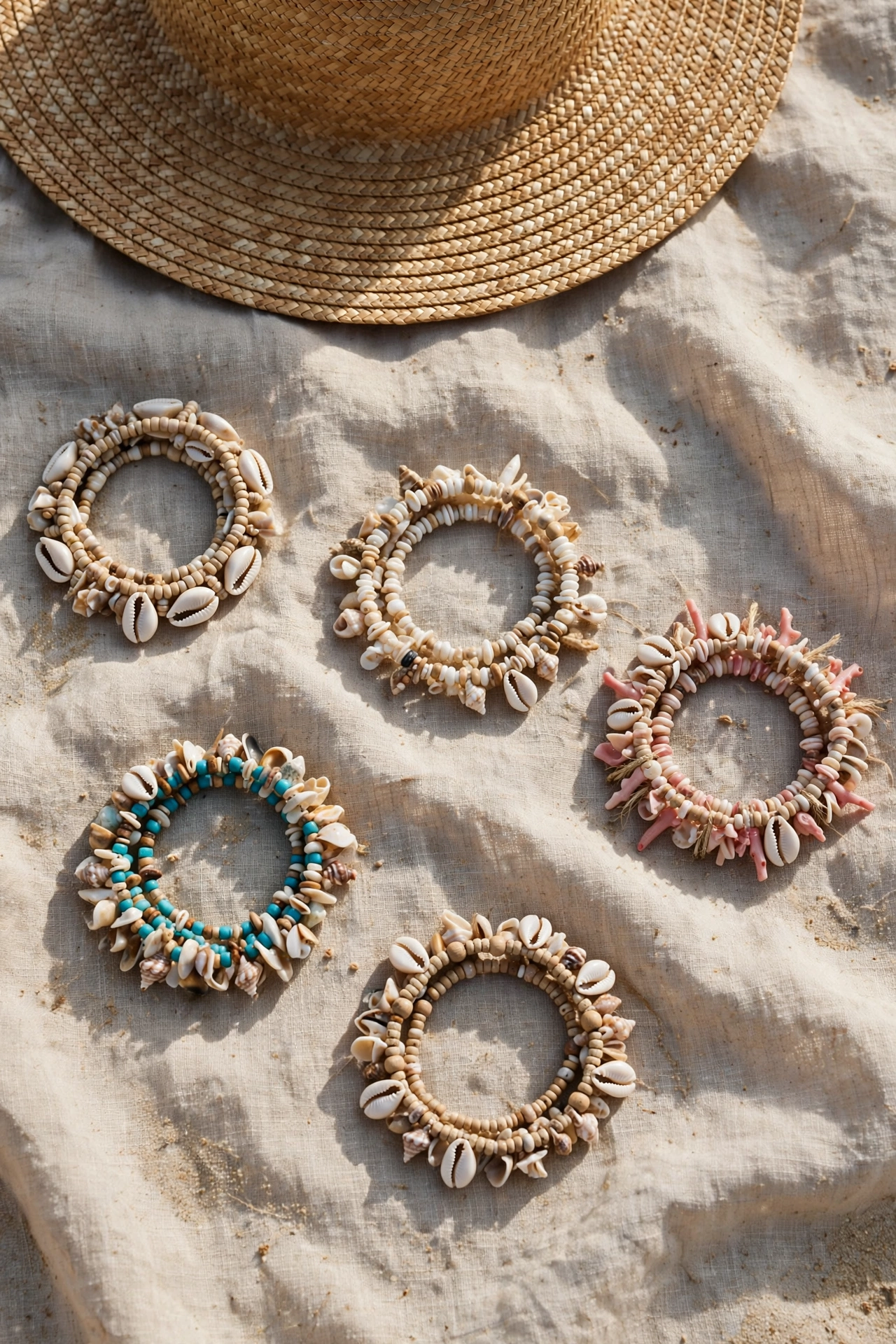 Flat lay of beaded anklets arranged with summer beach accessories and sandals
