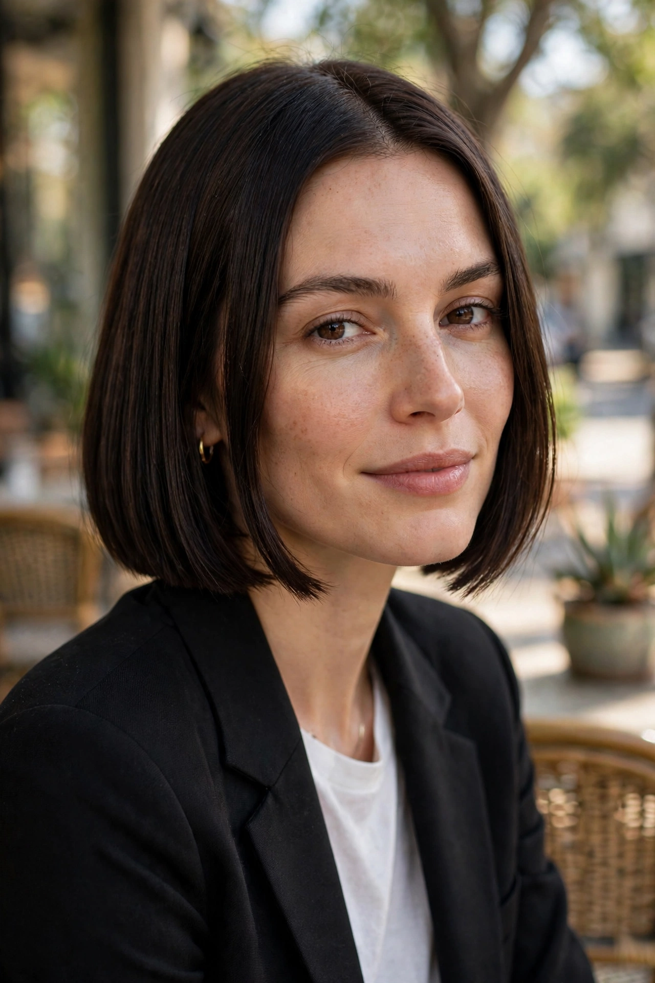 Woman with a blunt bob paired with a blazer outfit