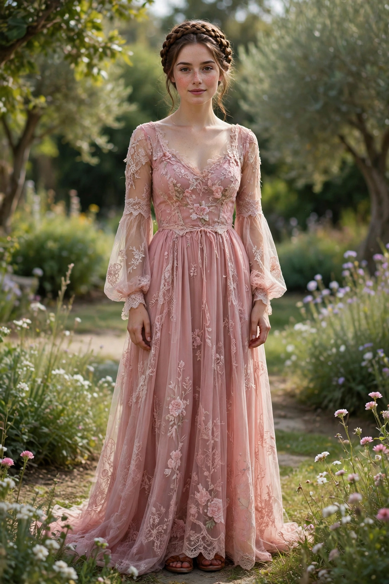 Woman wearing a classic braided crown hairstyle with a romantic dress in soft natural light