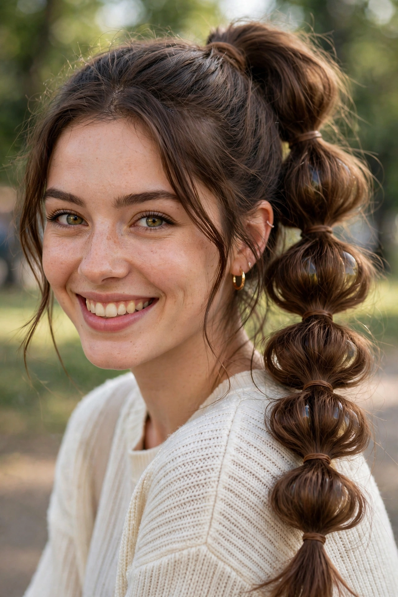 Woman with a long bouncy bubble ponytail smiling outdoors