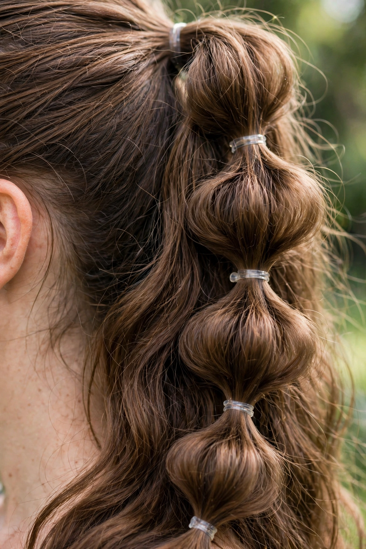 Close-up side view of bubble ponytail sections and elastics