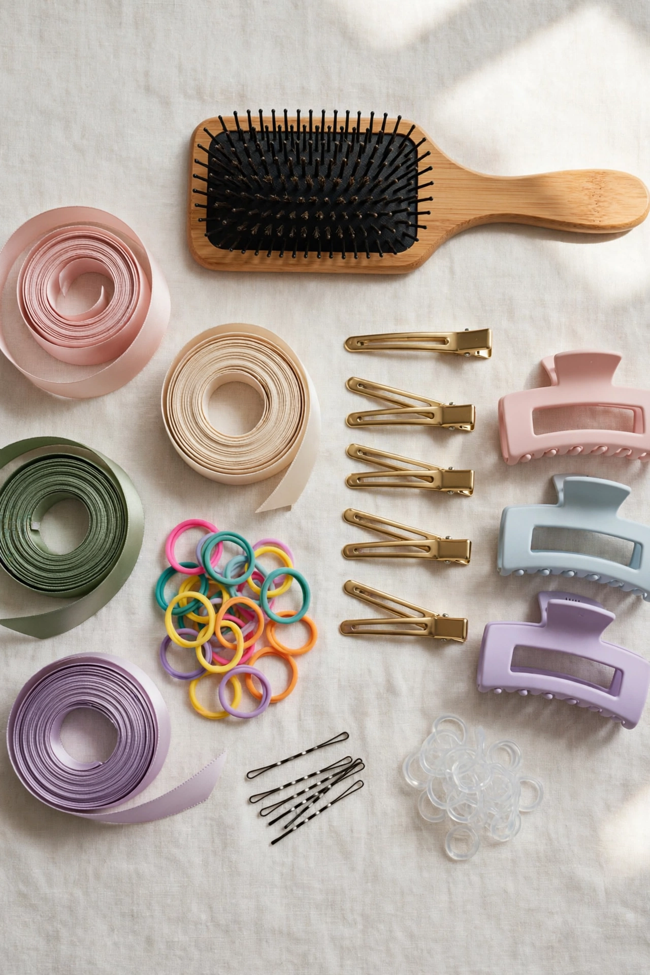 Flat lay of hair elastics, ribbons, brush and tools for a bubble ponytail