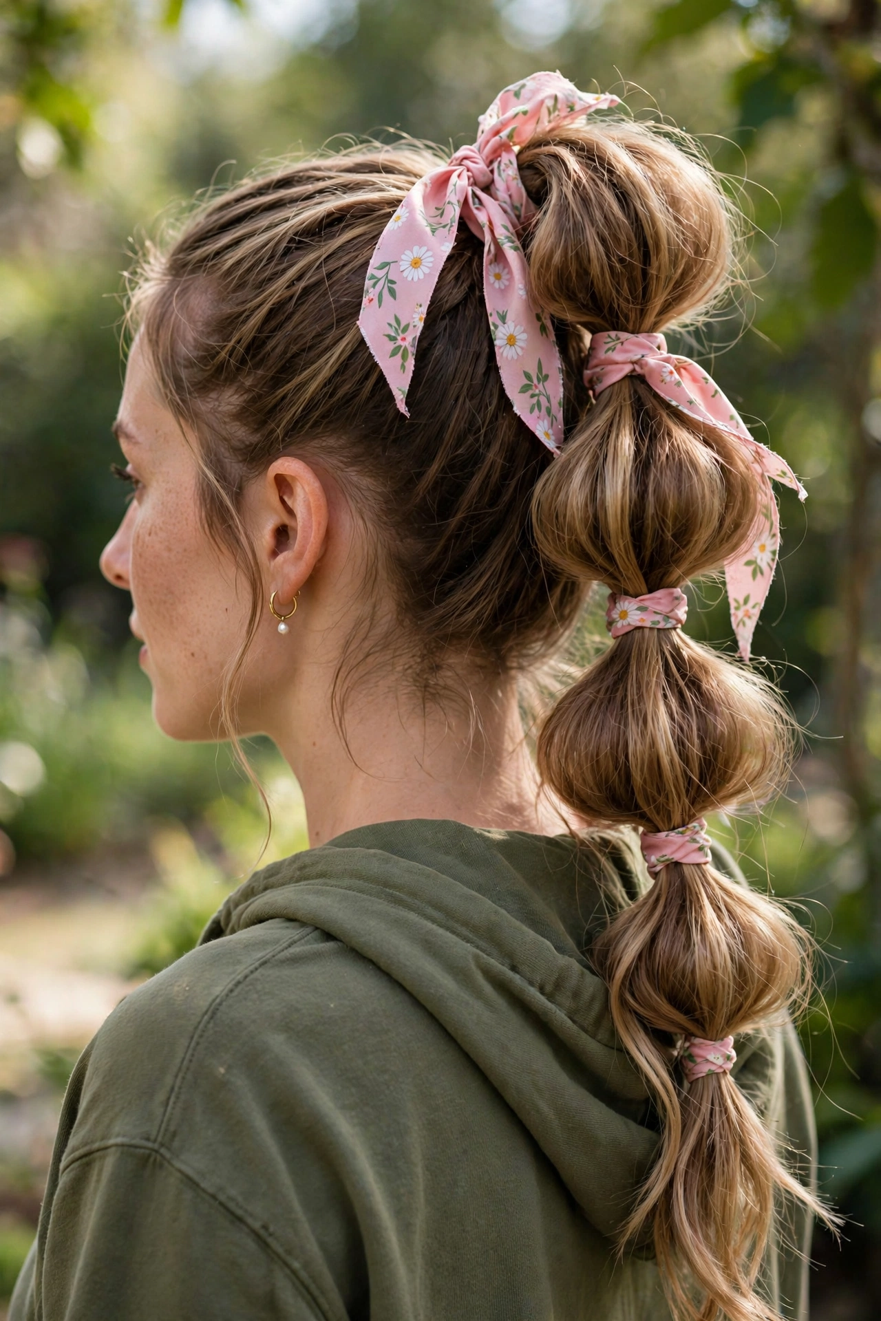 High bubble ponytail decorated with a ribbon