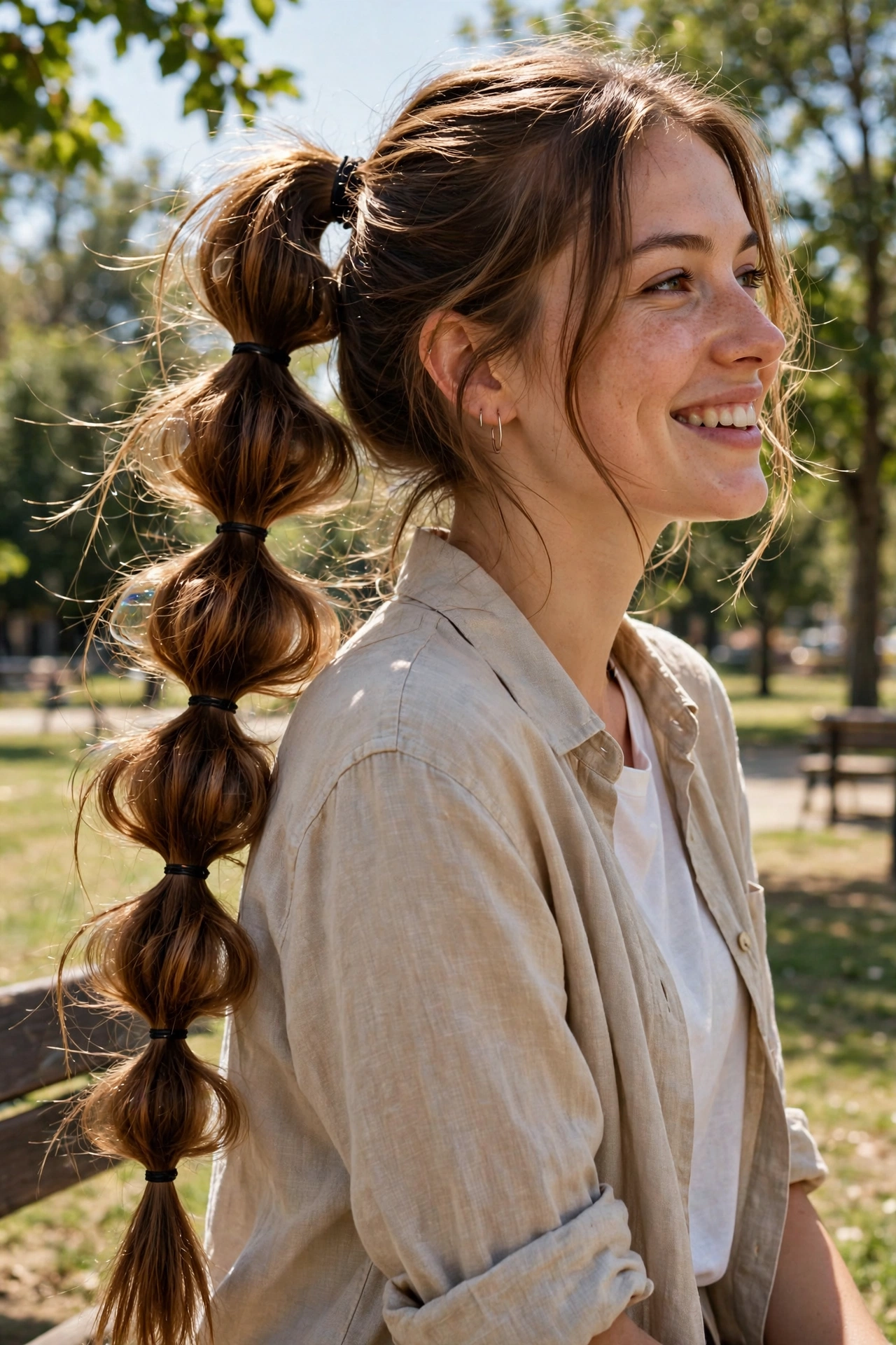 Woman wearing a bubble ponytail in a casual daytime setting
