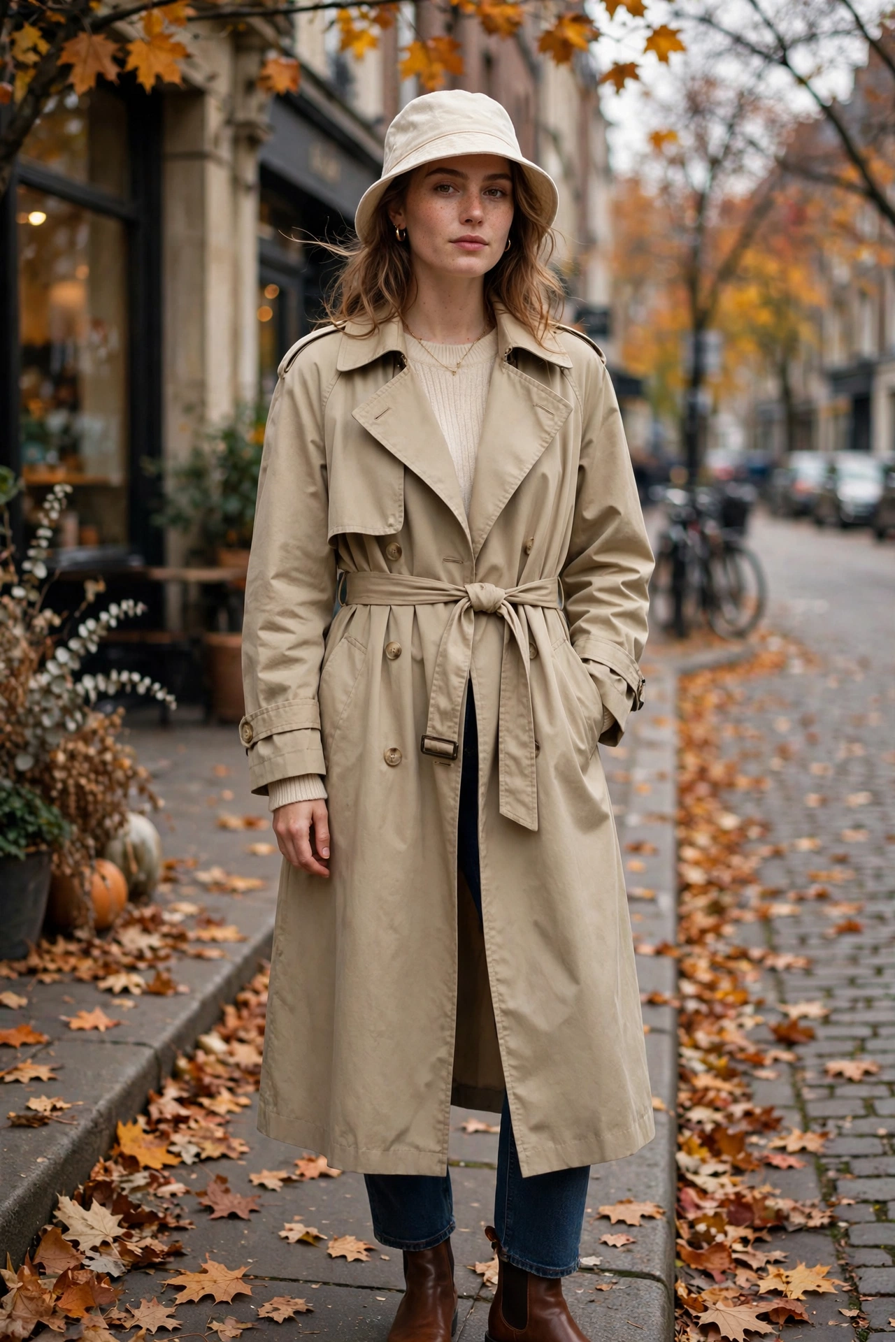 Woman wearing a cream bucket hat with a long trench coat in a full styled autumn look