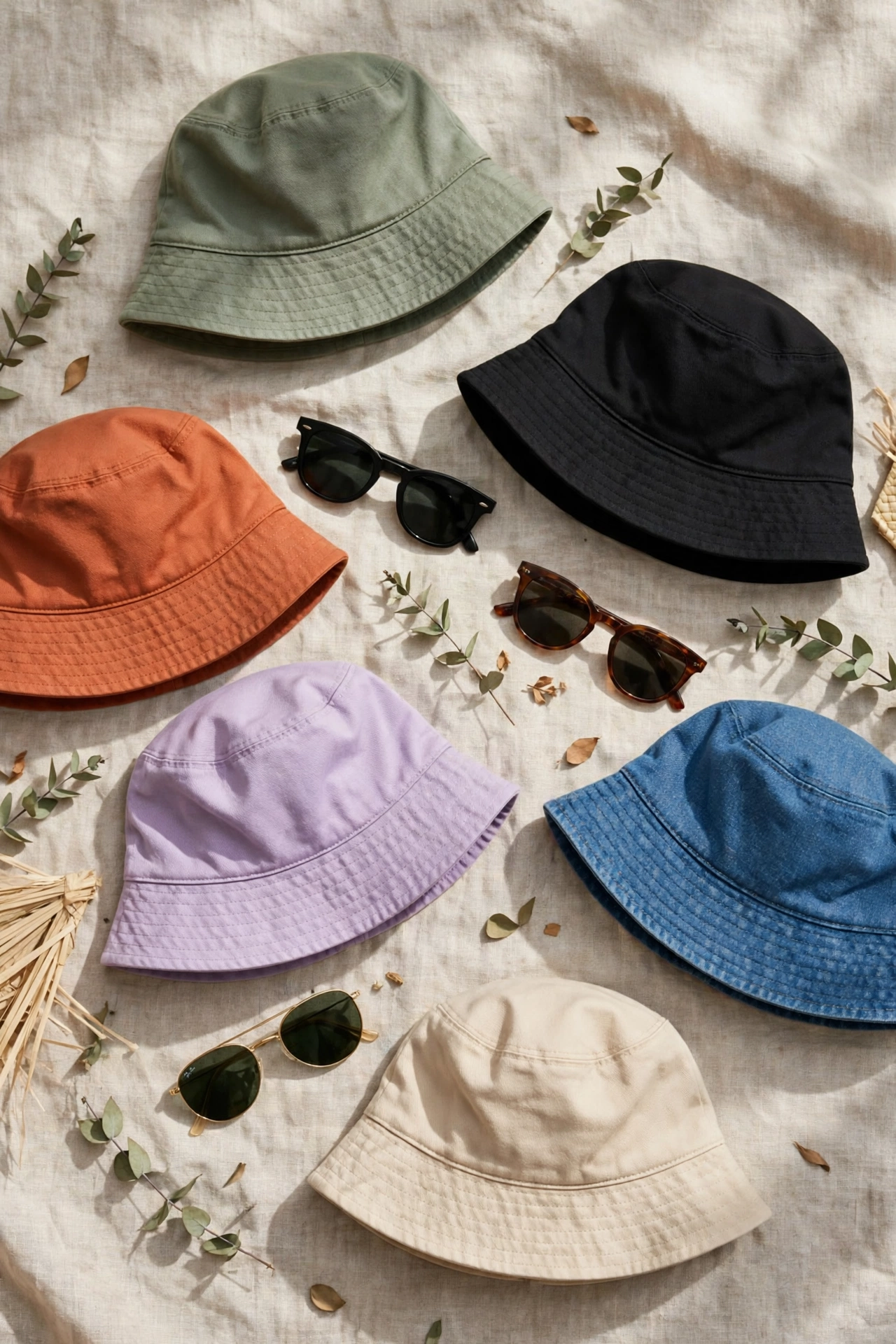Flat lay of bucket hats in different colours arranged with sunglasses and accessories