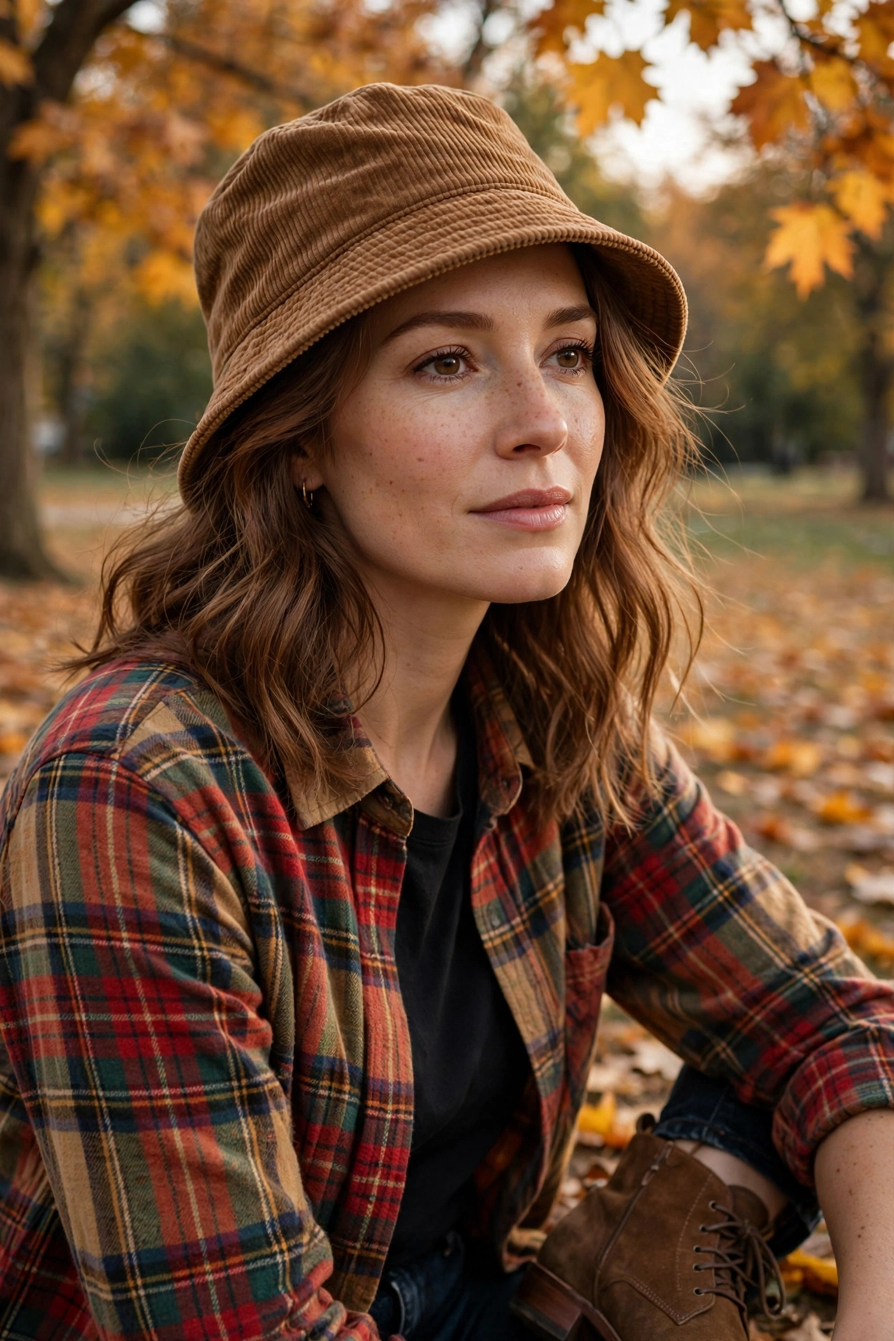 Woman in an autumn outfit wearing a rust corduroy bucket hat with boots and a plaid shirt