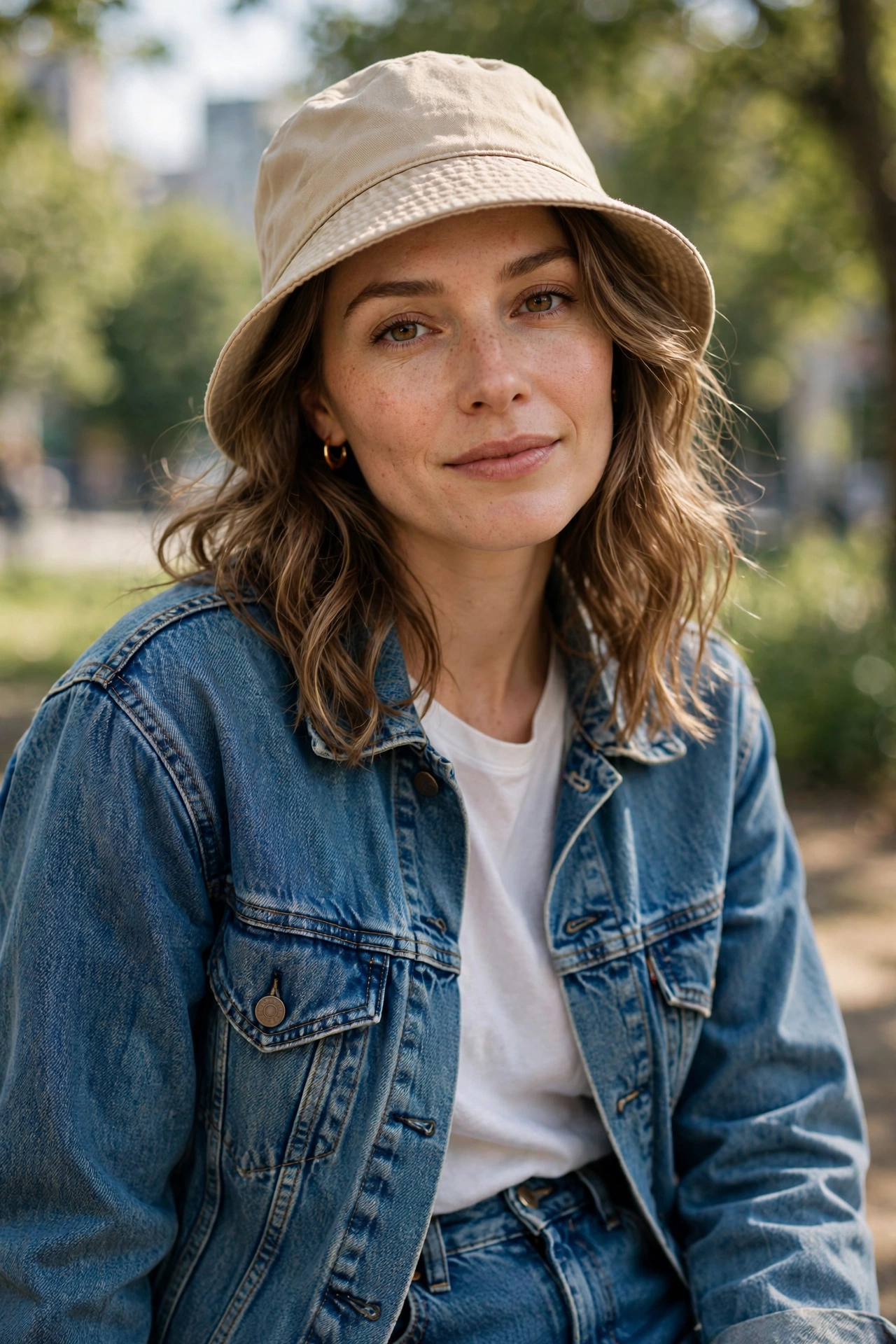 Bucket hat paired with a denim jacket and jeans outfit for a casual pairing look