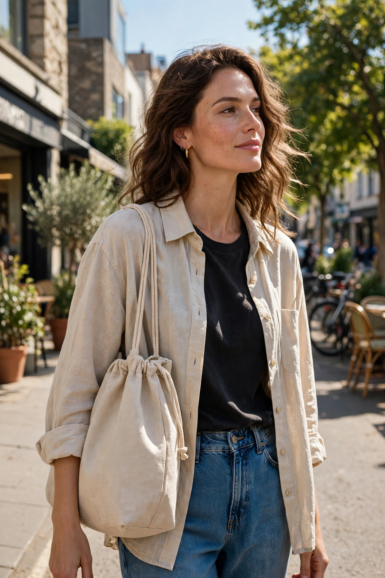 Canvas bucket tote in natural canvas carried over the shoulder for daily errands
