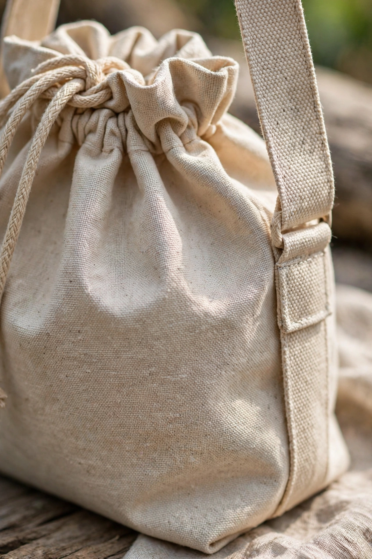 Close-up detail of a canvas bucket tote showing its drawstring top and sturdy straps
