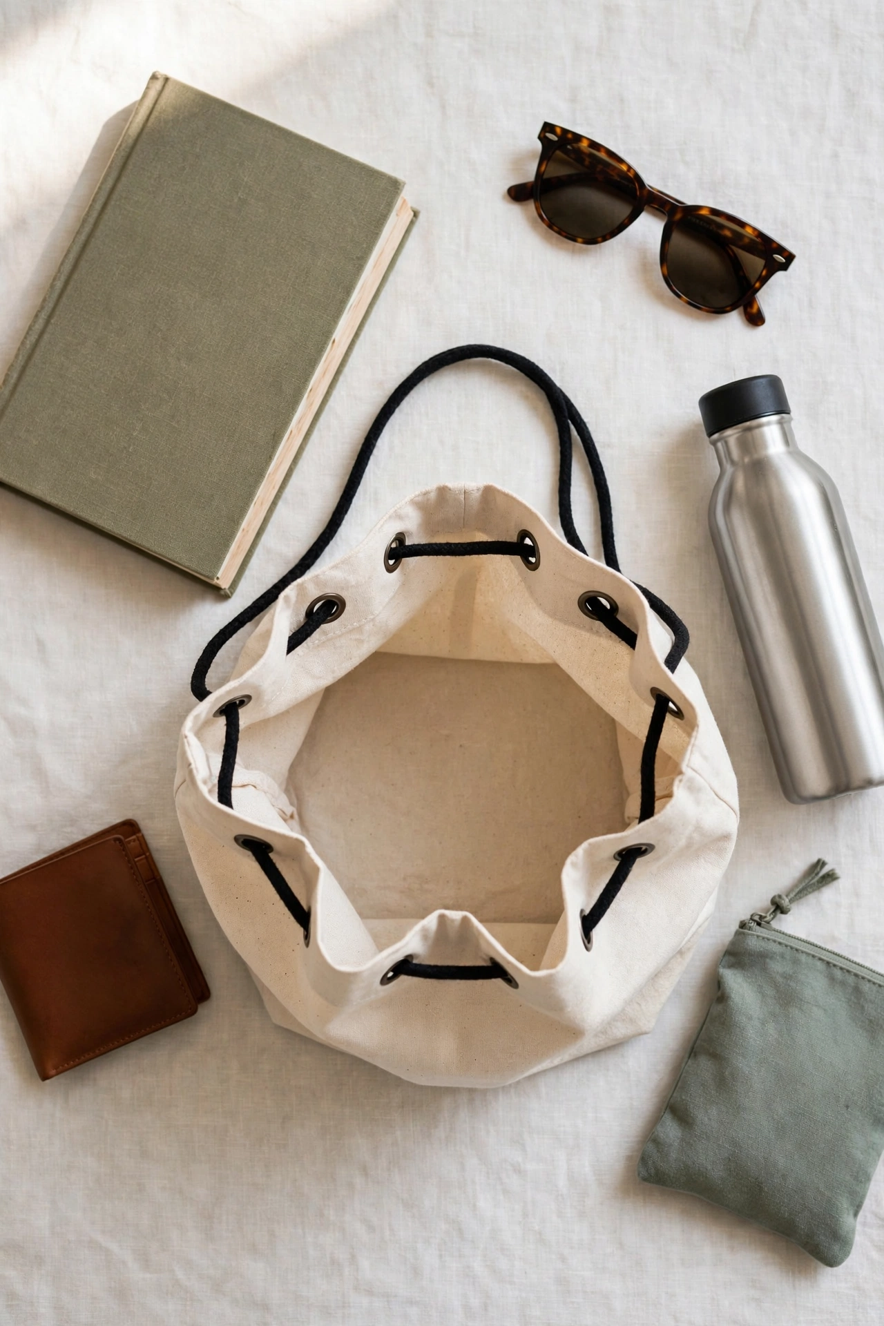 Flat lay of a canvas bucket tote with everyday essentials laid out for errands