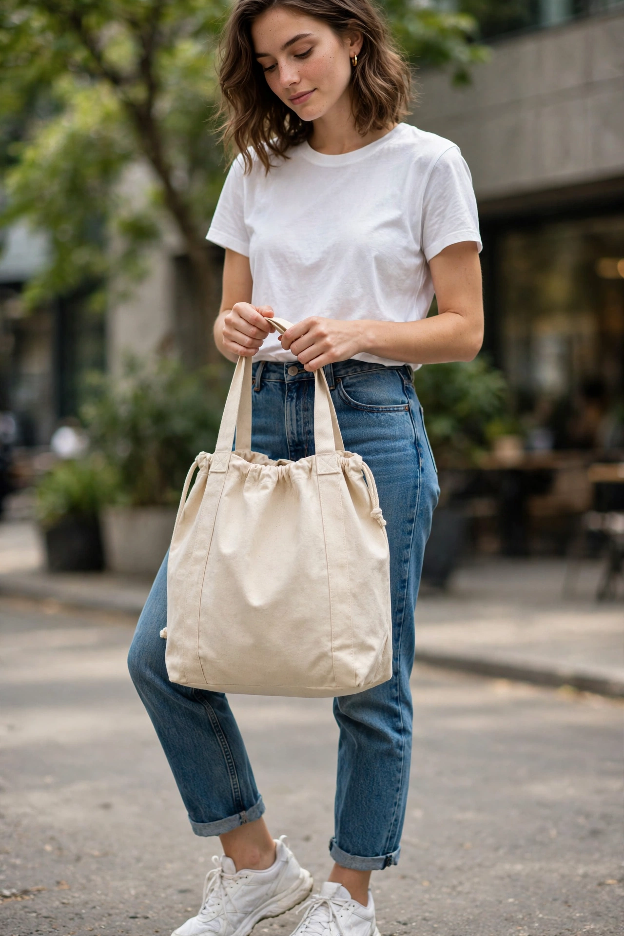 Canvas bucket tote paired with a casual outfit for everyday styling