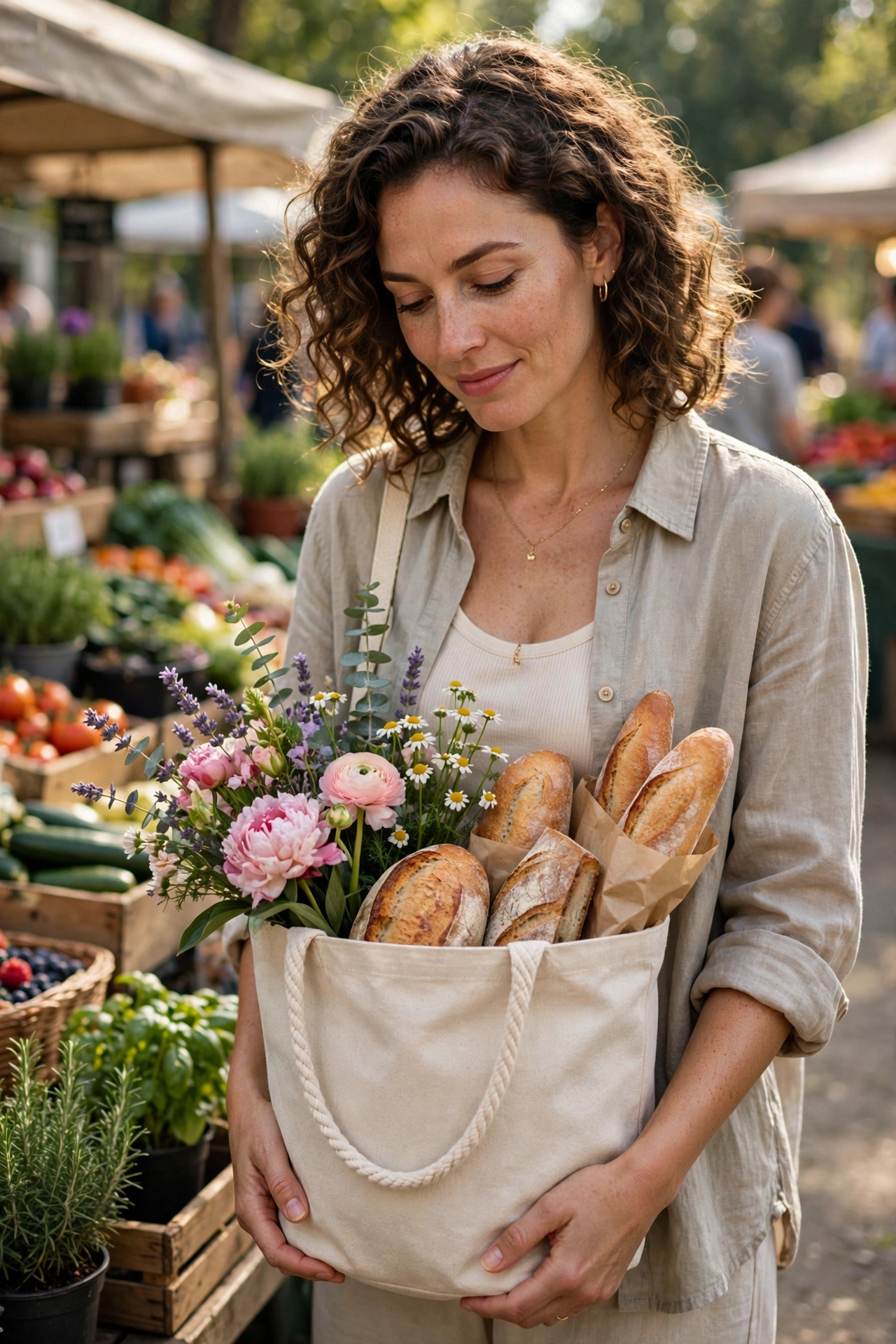 Woman carrying a canvas bucket tote during a relaxed daily lifestyle outing