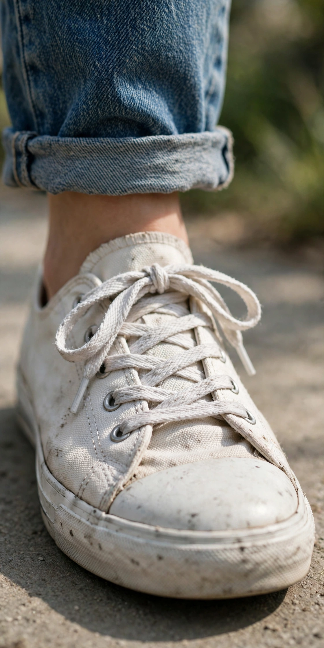 Close-up detail of a white canvas low sneaker showing canvas texture, flat laces and metal eyelets