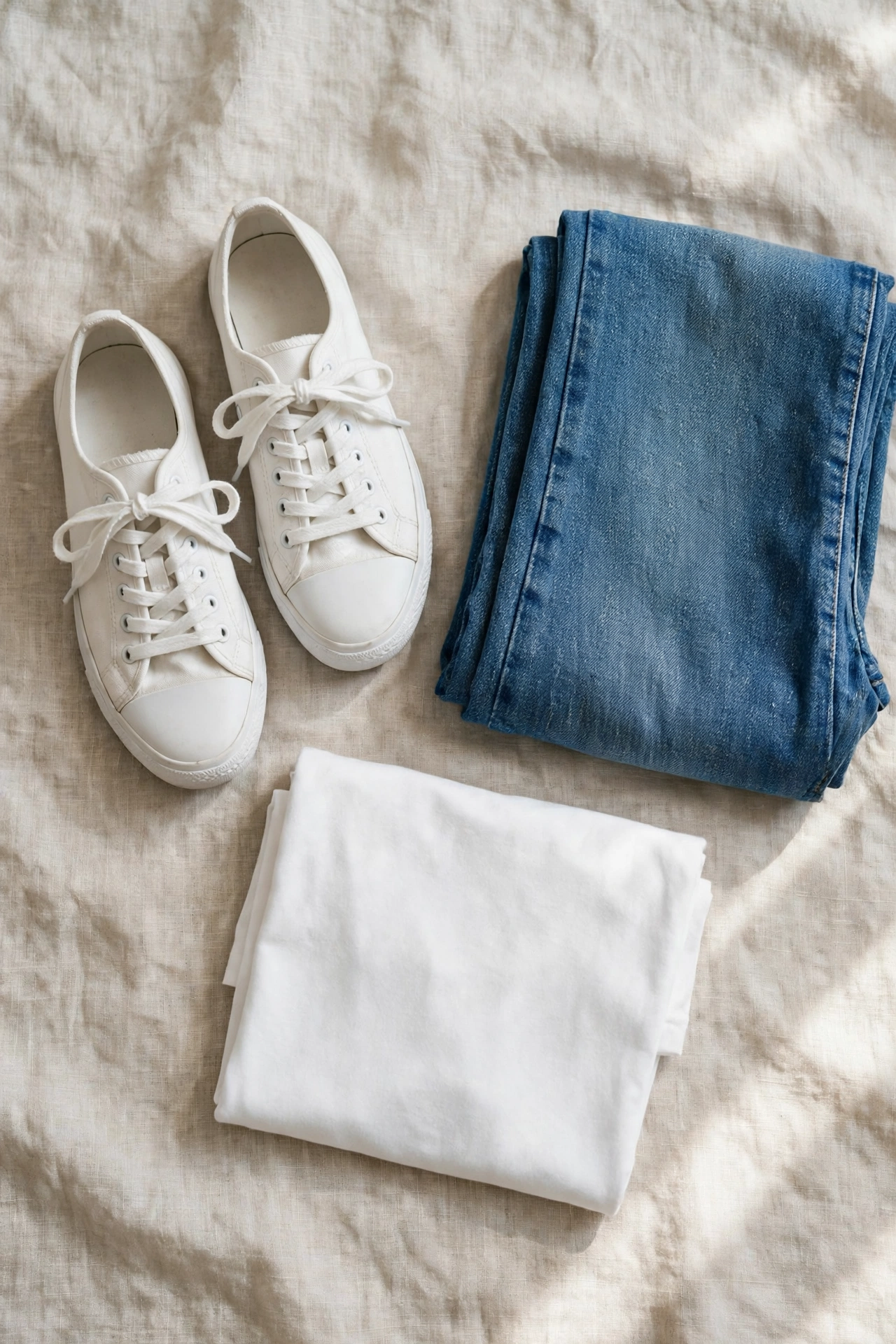 Flat lay of white canvas low sneakers with folded blue jeans and a plain white tee on linen