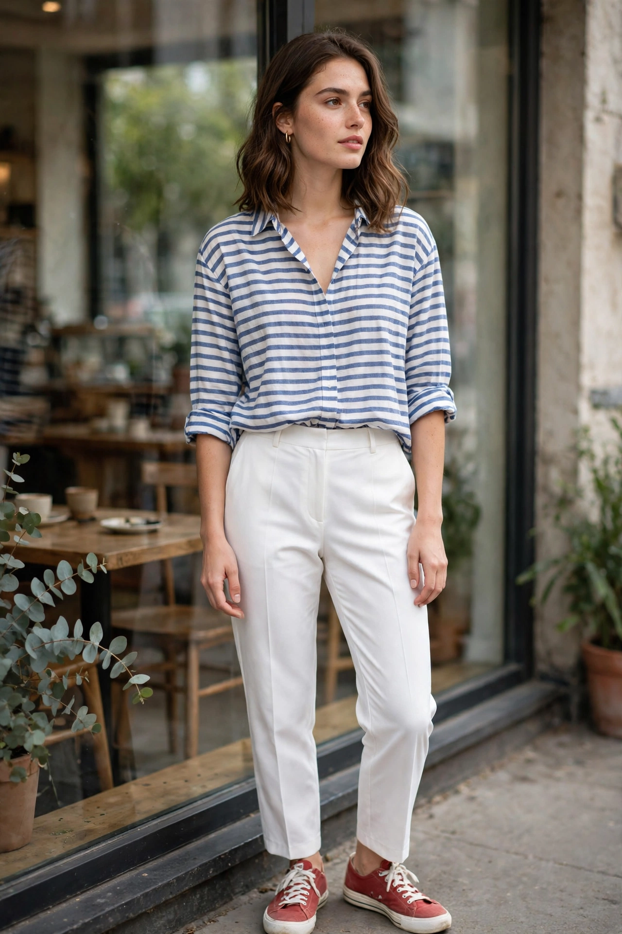 Woman wearing soft red canvas low sneakers with cuffed blue jeans, a white tee and an olive jacket