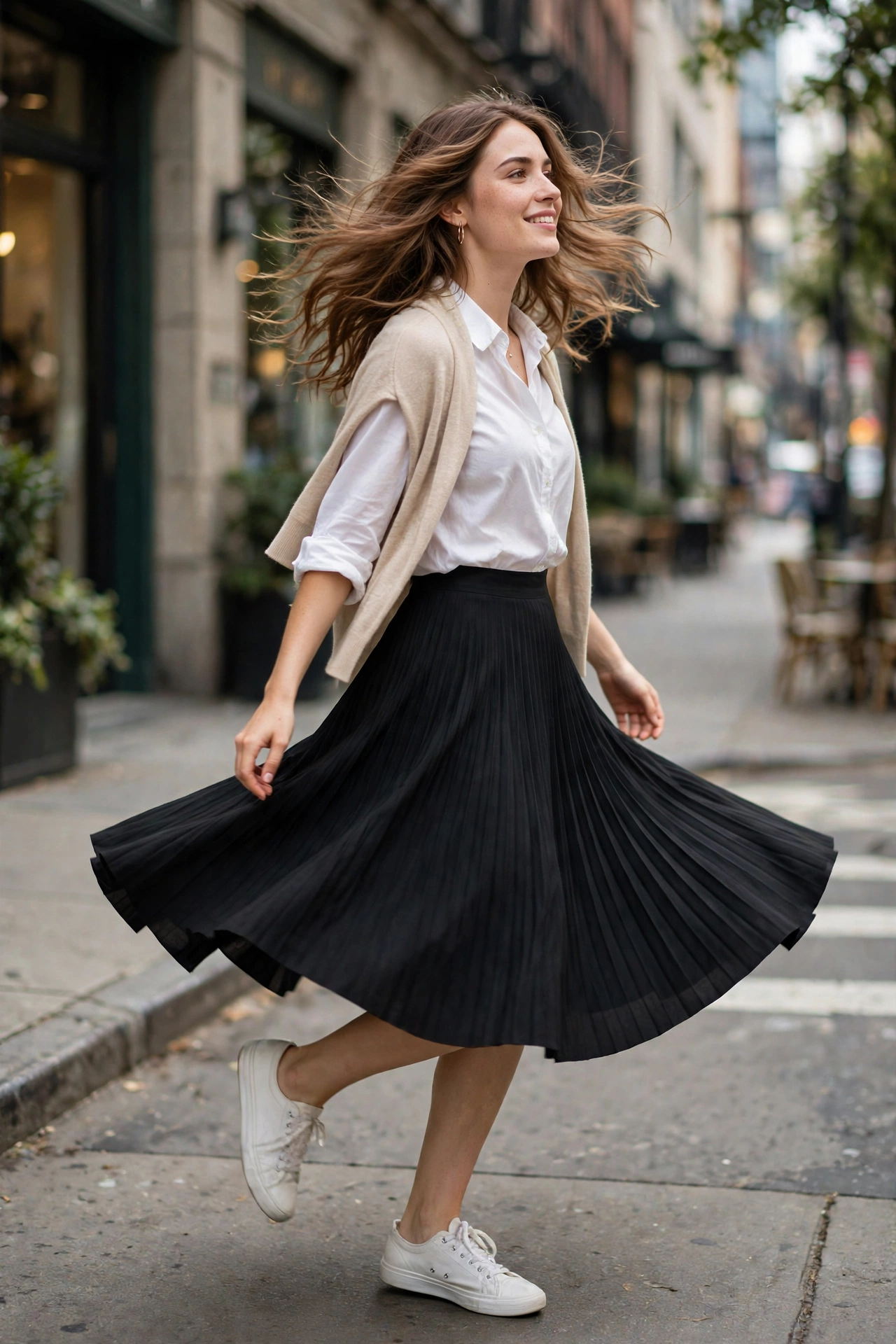 Woman wearing a green floral casual dress with white canvas low sneakers on a sunny path