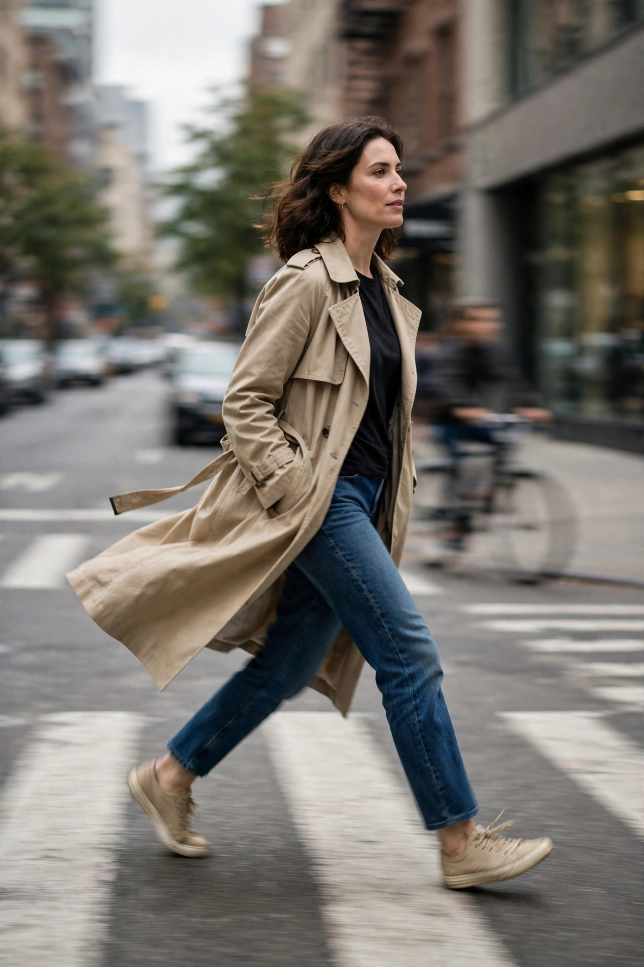Woman walking across a city street wearing white canvas low sneakers, jeans and a light jacket