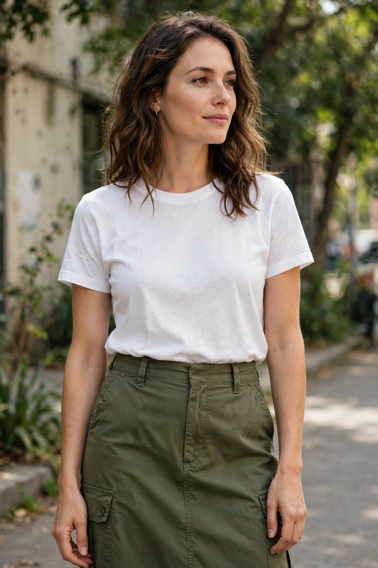 Woman wearing an olive utility cargo skirt with a plain white tee outdoors