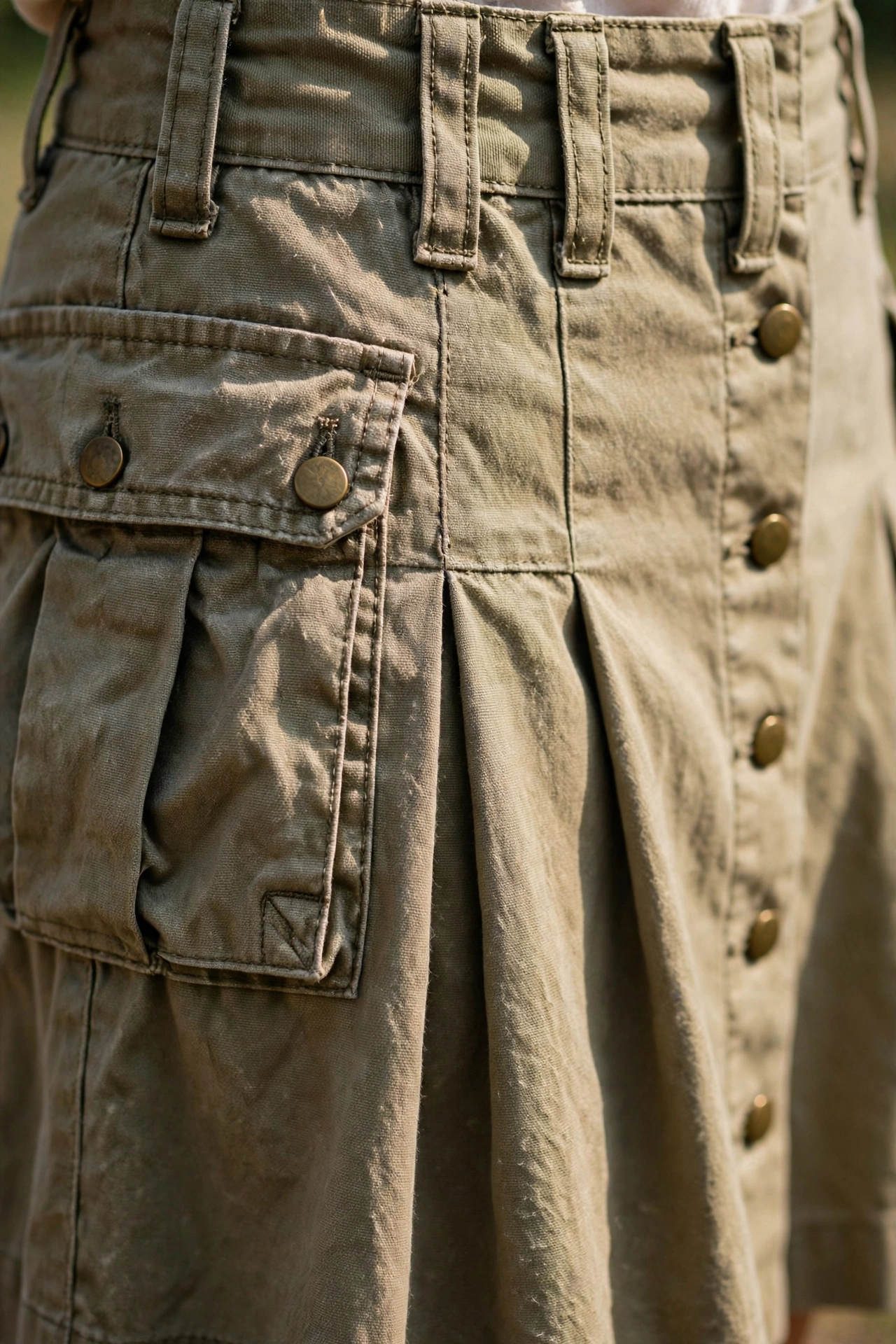 Close-up of cargo skirt pockets buttons and belt loops
