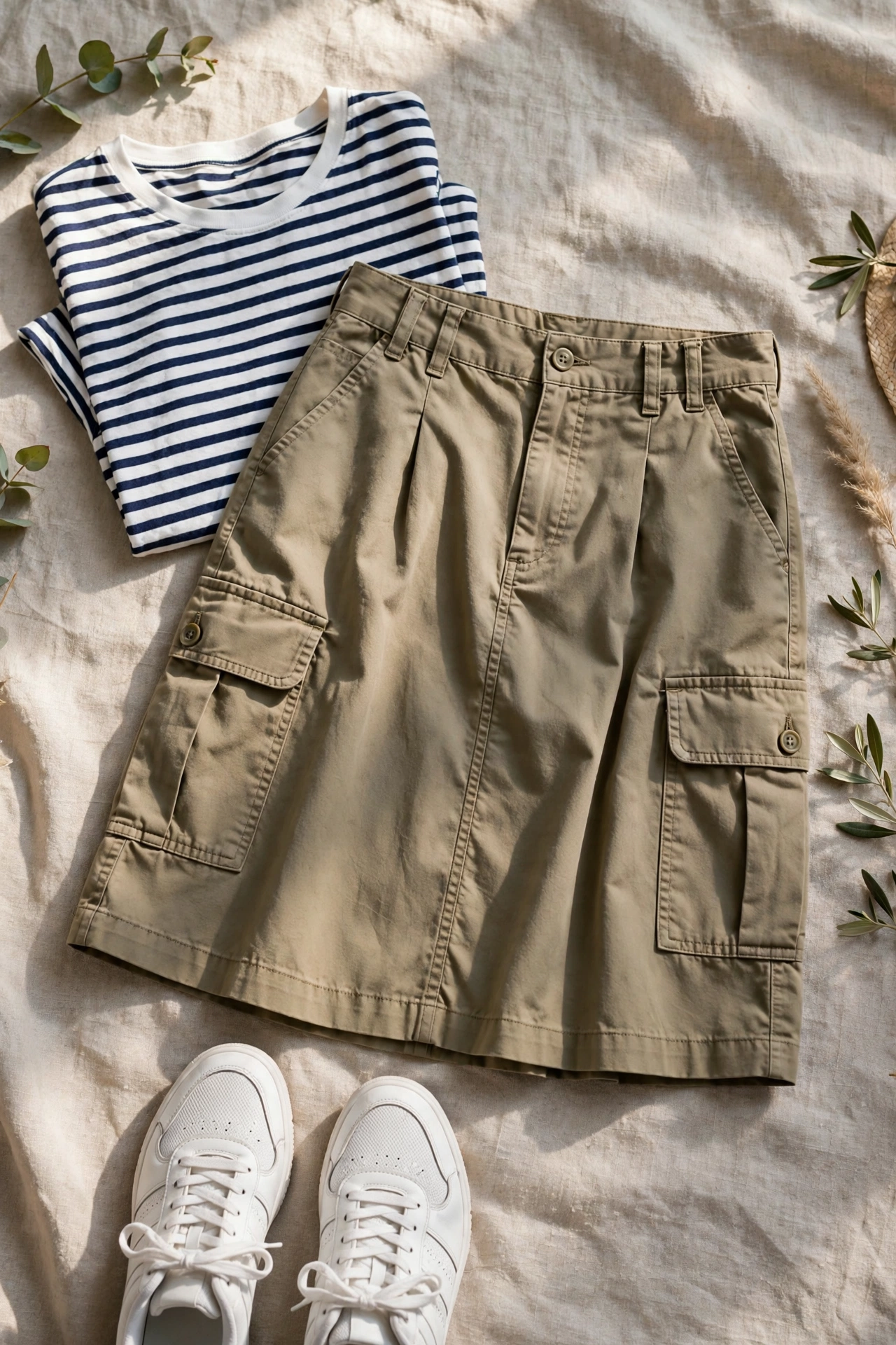 Flat lay of a khaki cargo skirt with a striped tee and trainers