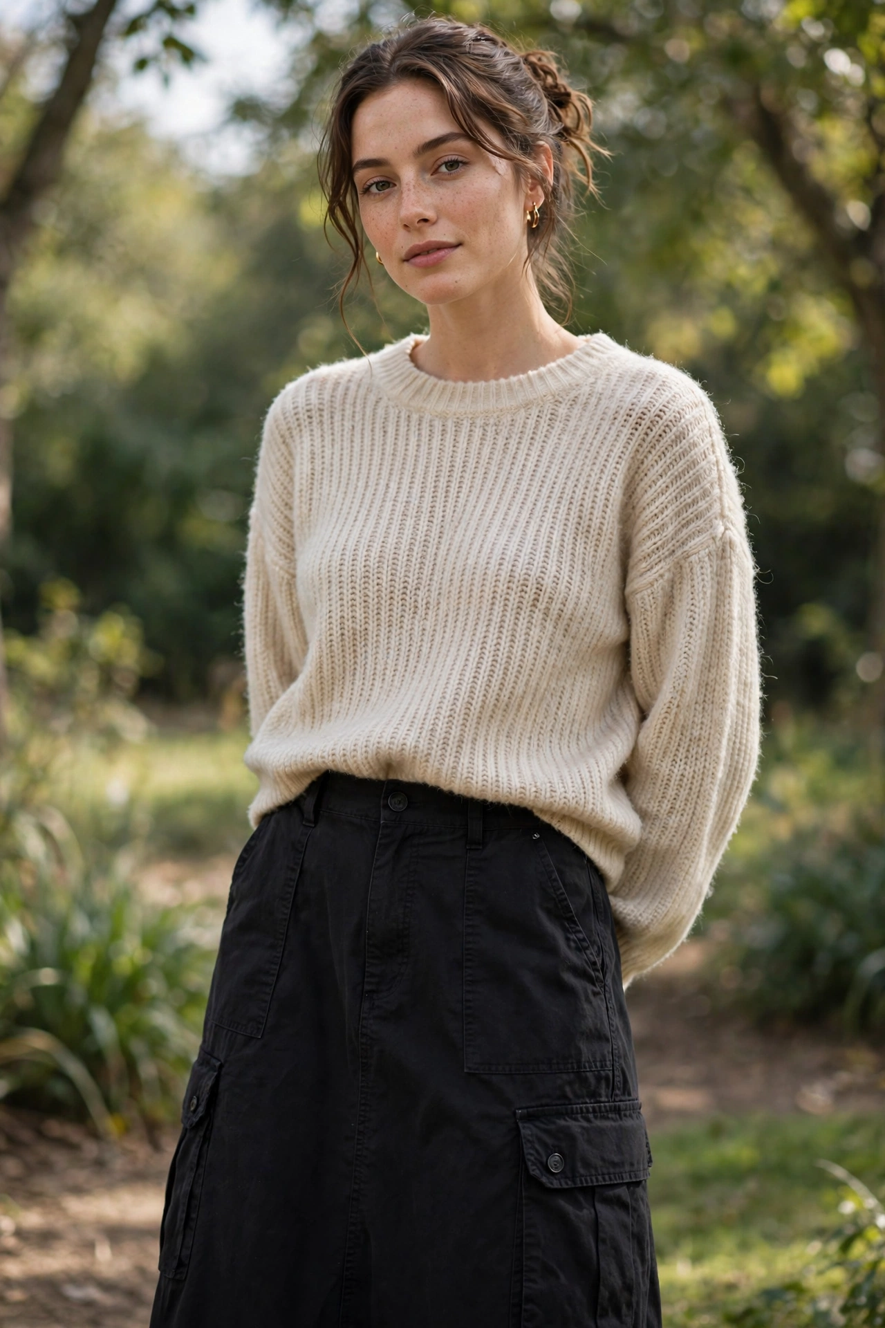 Black cargo skirt worn with a soft knit jumper