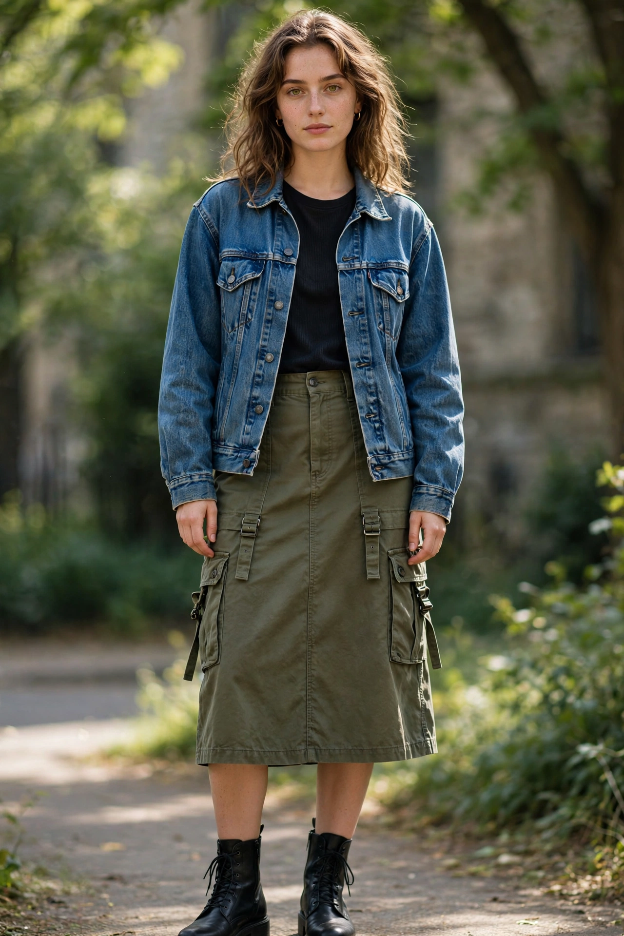 Cargo skirt paired with ankle boots and a denim jacket