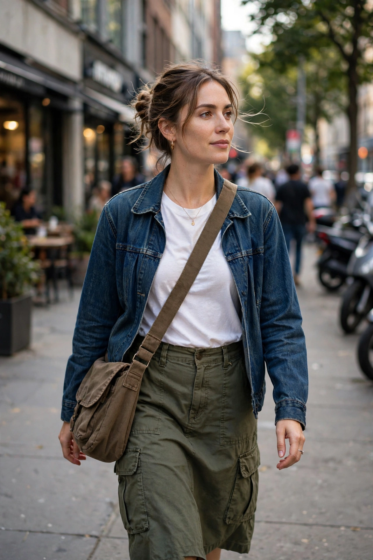 Woman walking in a city street wearing a cargo skirt and crossbody bag