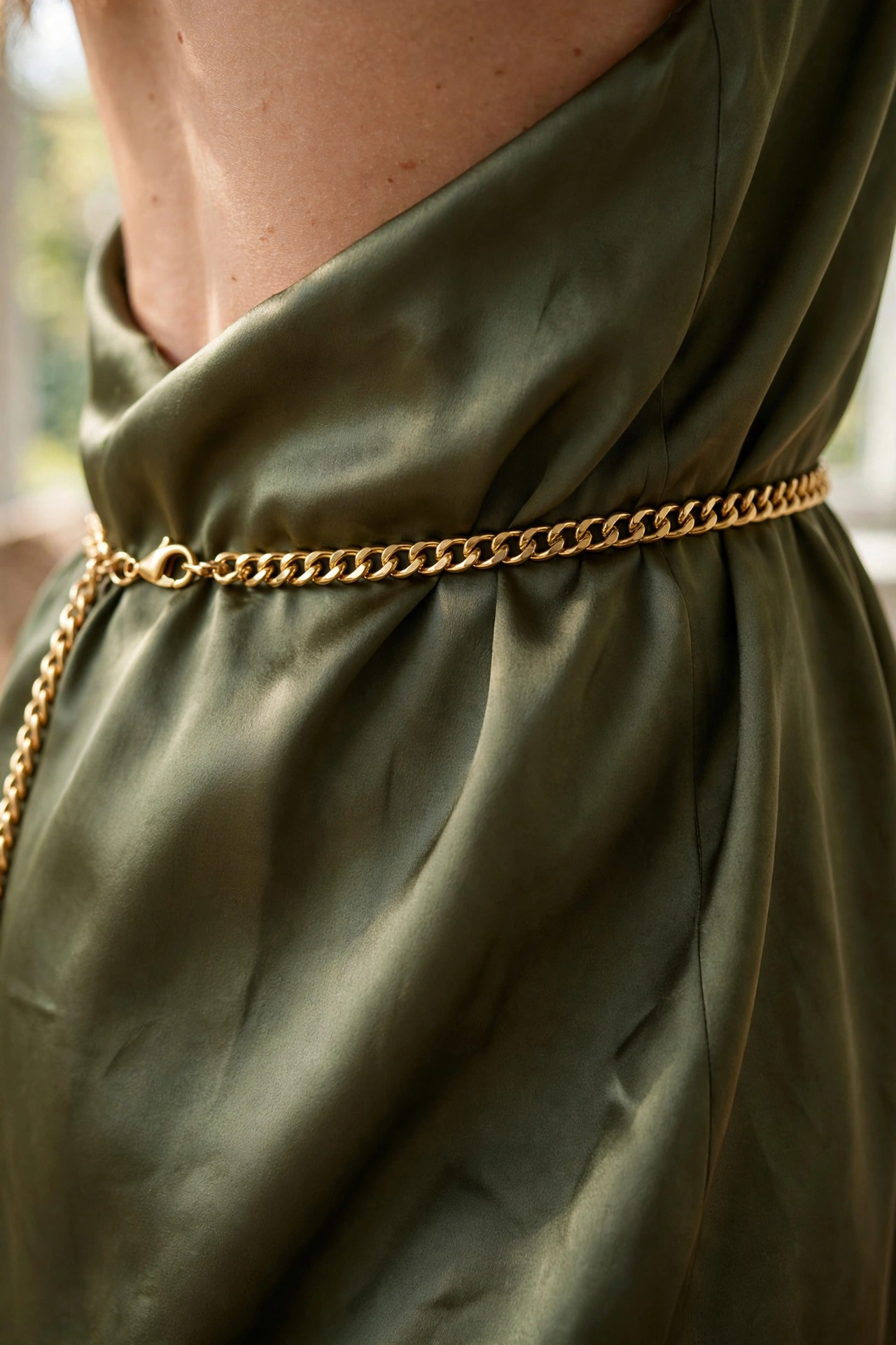 Close-up of a gold chain belt at the waist over a silk dress
