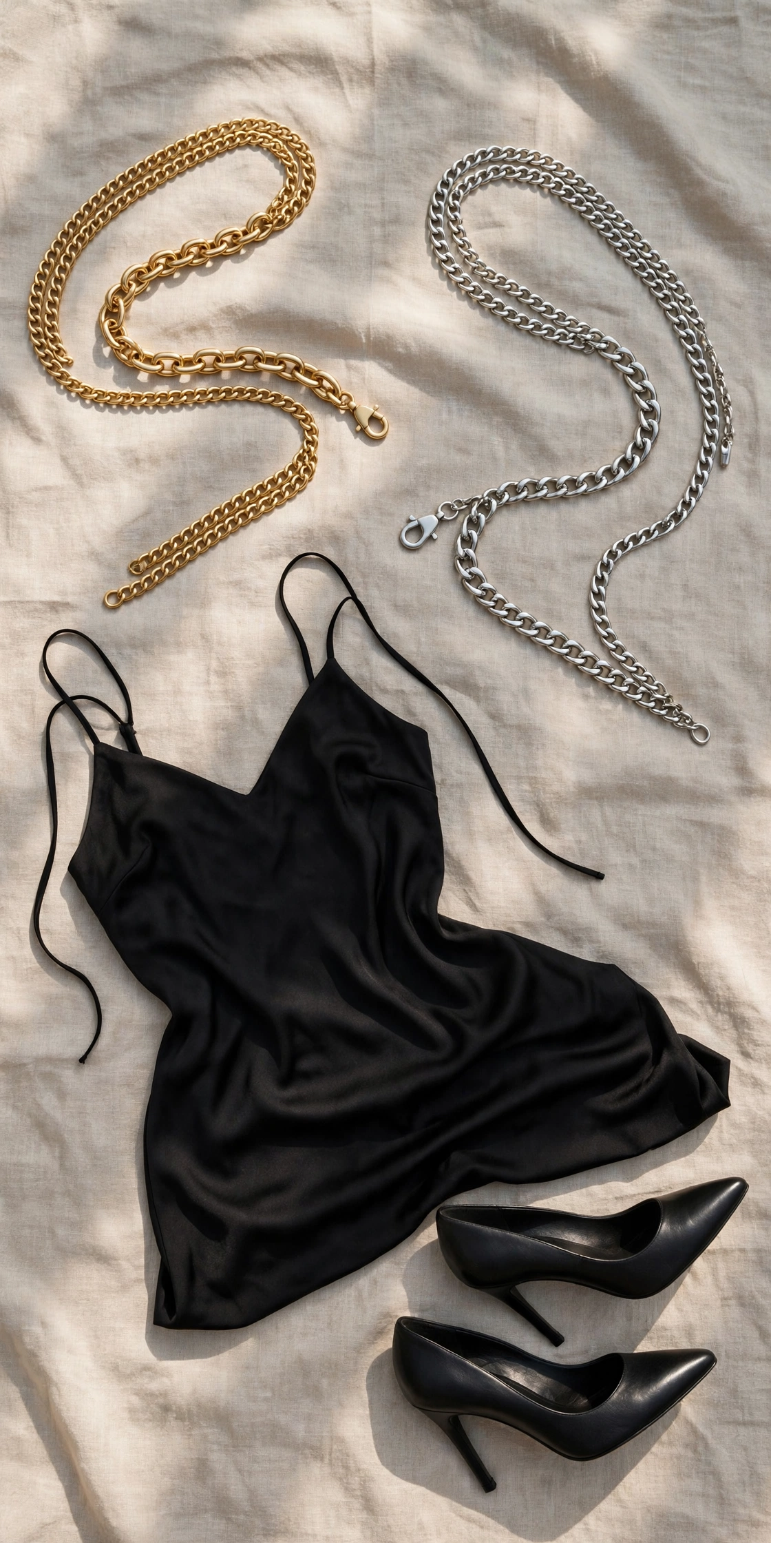 Flat-lay of chain belts with a dress and heels