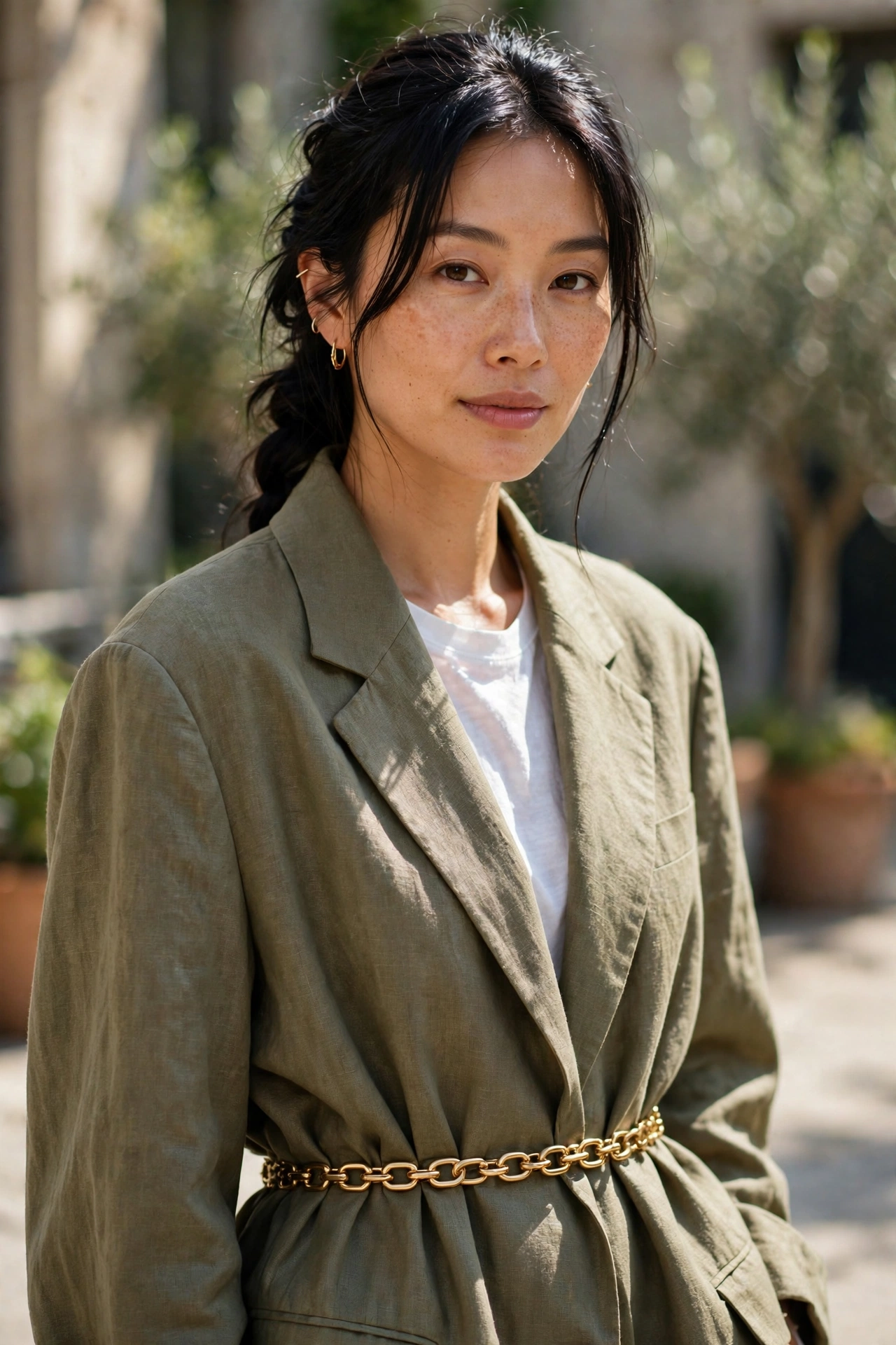 Woman in an oversized blazer cinched with a chain belt