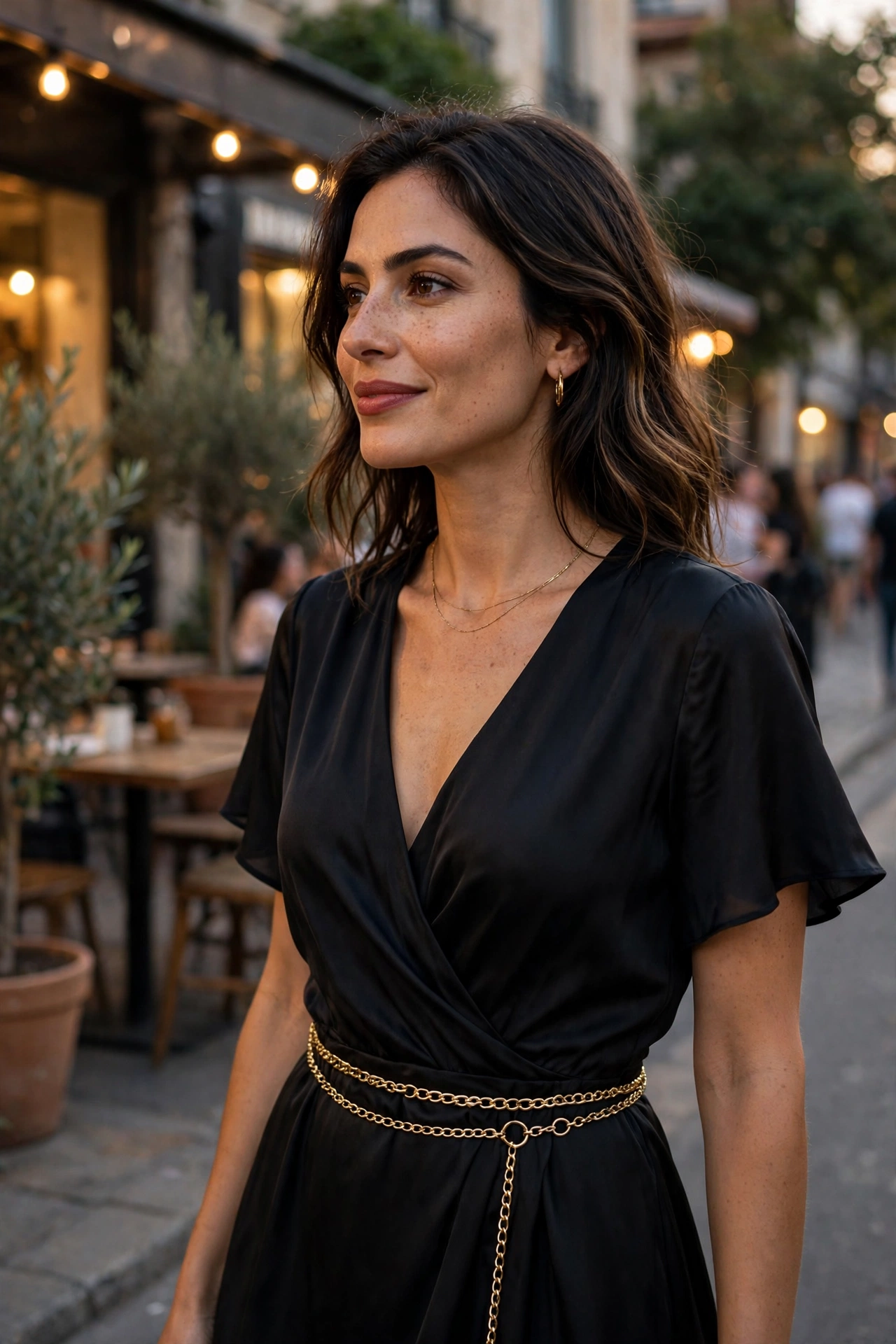 Woman in an evening dress with a chain belt at a night event