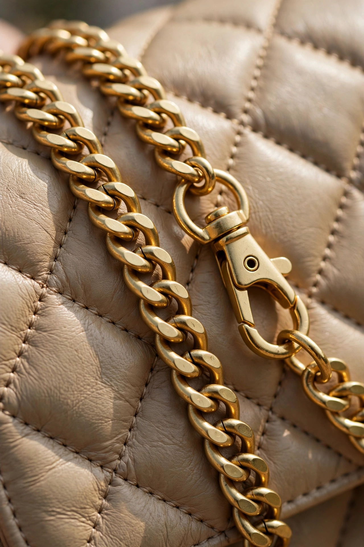 Close-up detail of a gold chain strap and clasp on a quilted chain bag showing the links and hardware