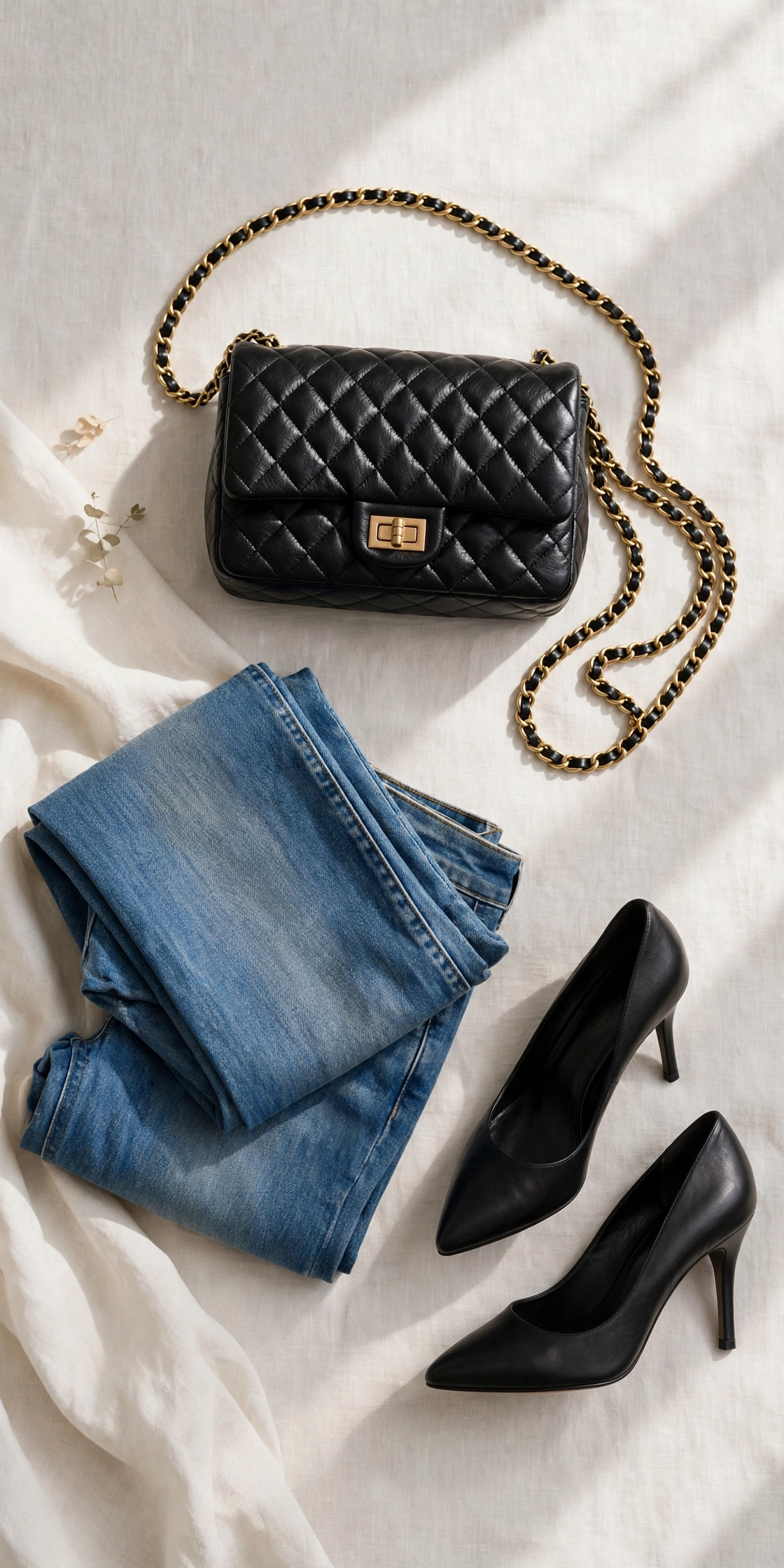 Flat-lay of a chain strap bag styled with blue jeans and heeled shoes for a casual daytime outfit