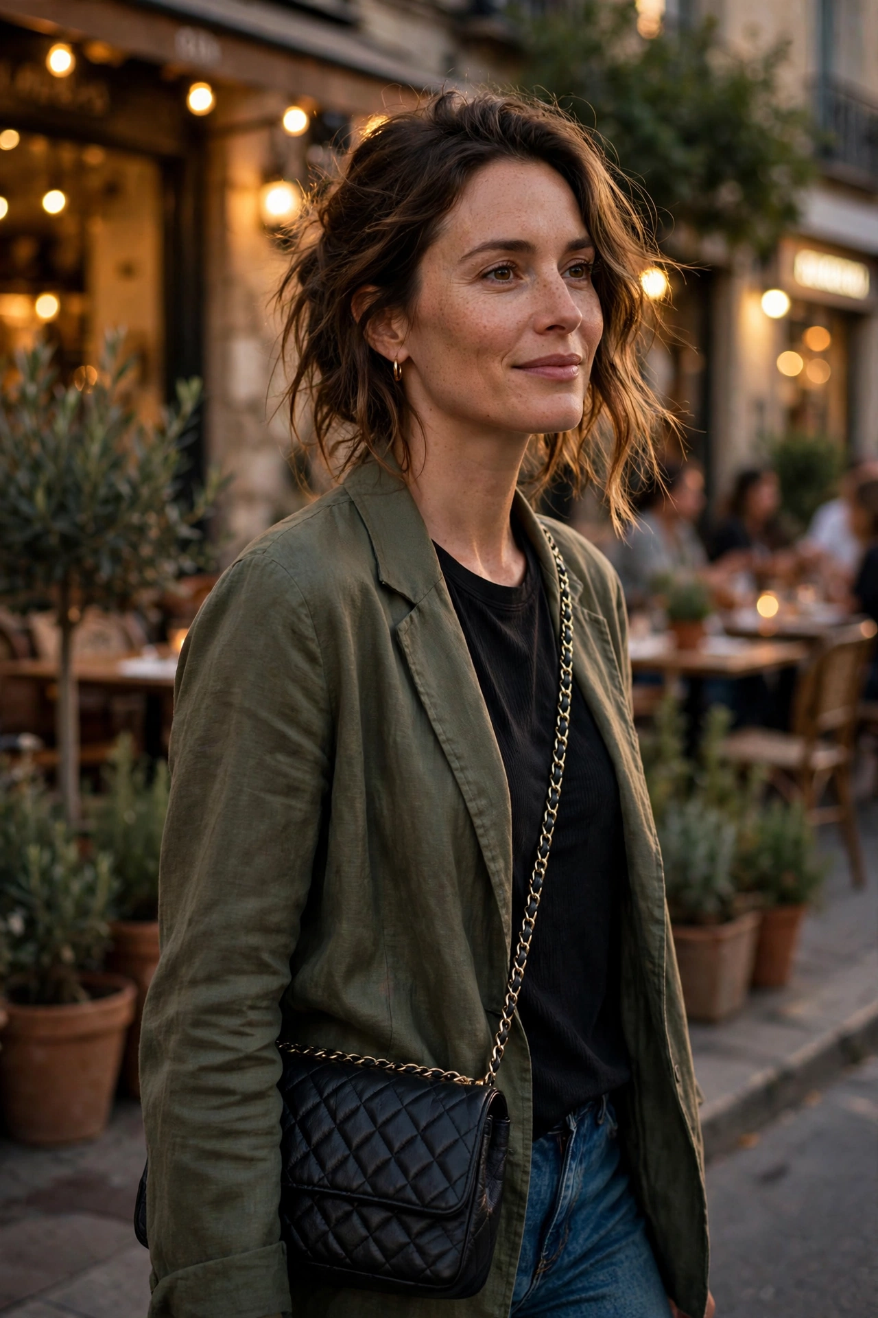 Lifestyle evening shot of a woman carrying a chain strap bag crossbody in warm evening light