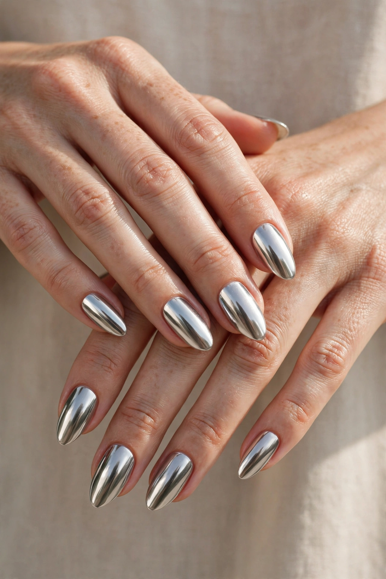 Silver mirror chrome nails on almond-shaped nails, close-up of elegant hands