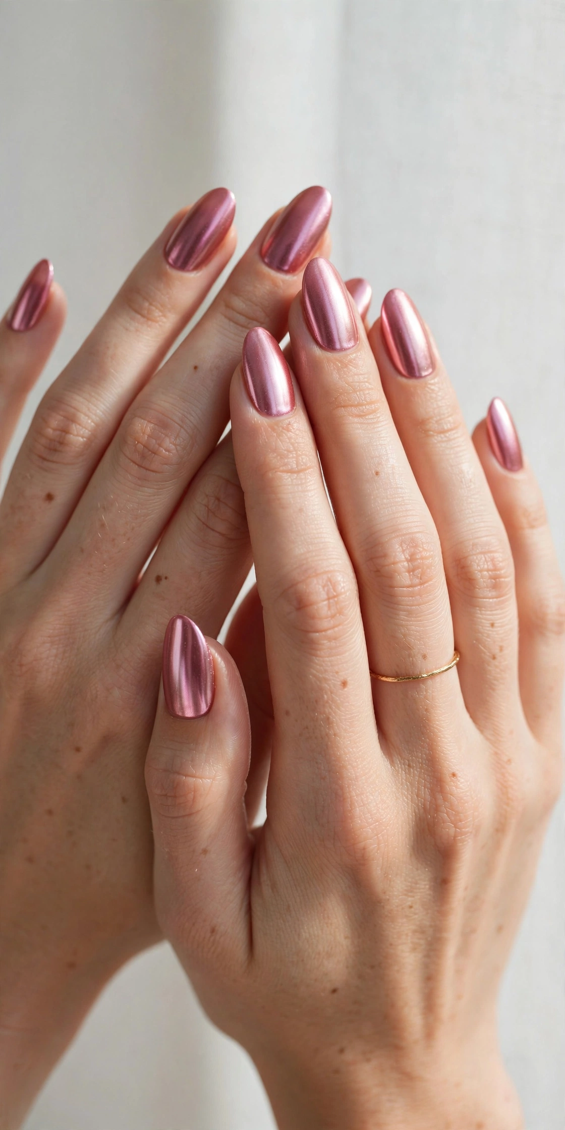 Rose pink chrome nails with a soft metallic sheen and a delicate gold ring