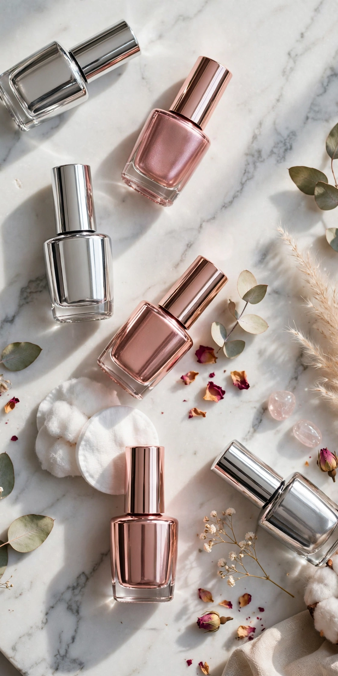 Flat lay of silver and rose chrome nail polish bottles on a marble surface