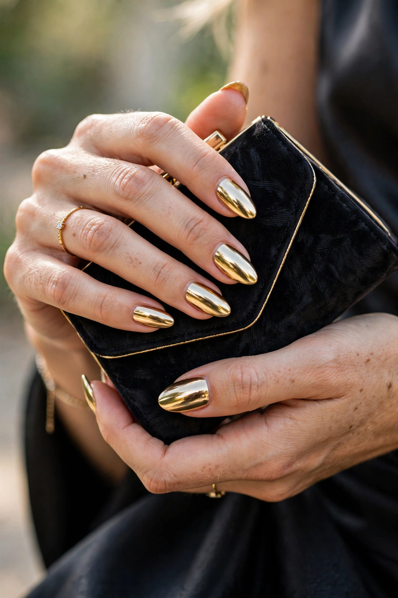 Gold chrome metallic nails holding a small clutch bag for an evening look