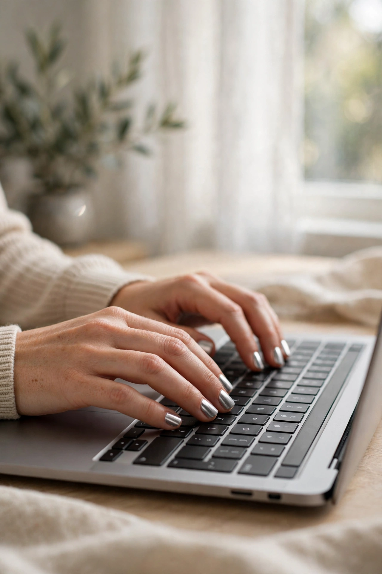 Short silver chrome nails on hands typing on a laptop keyboard