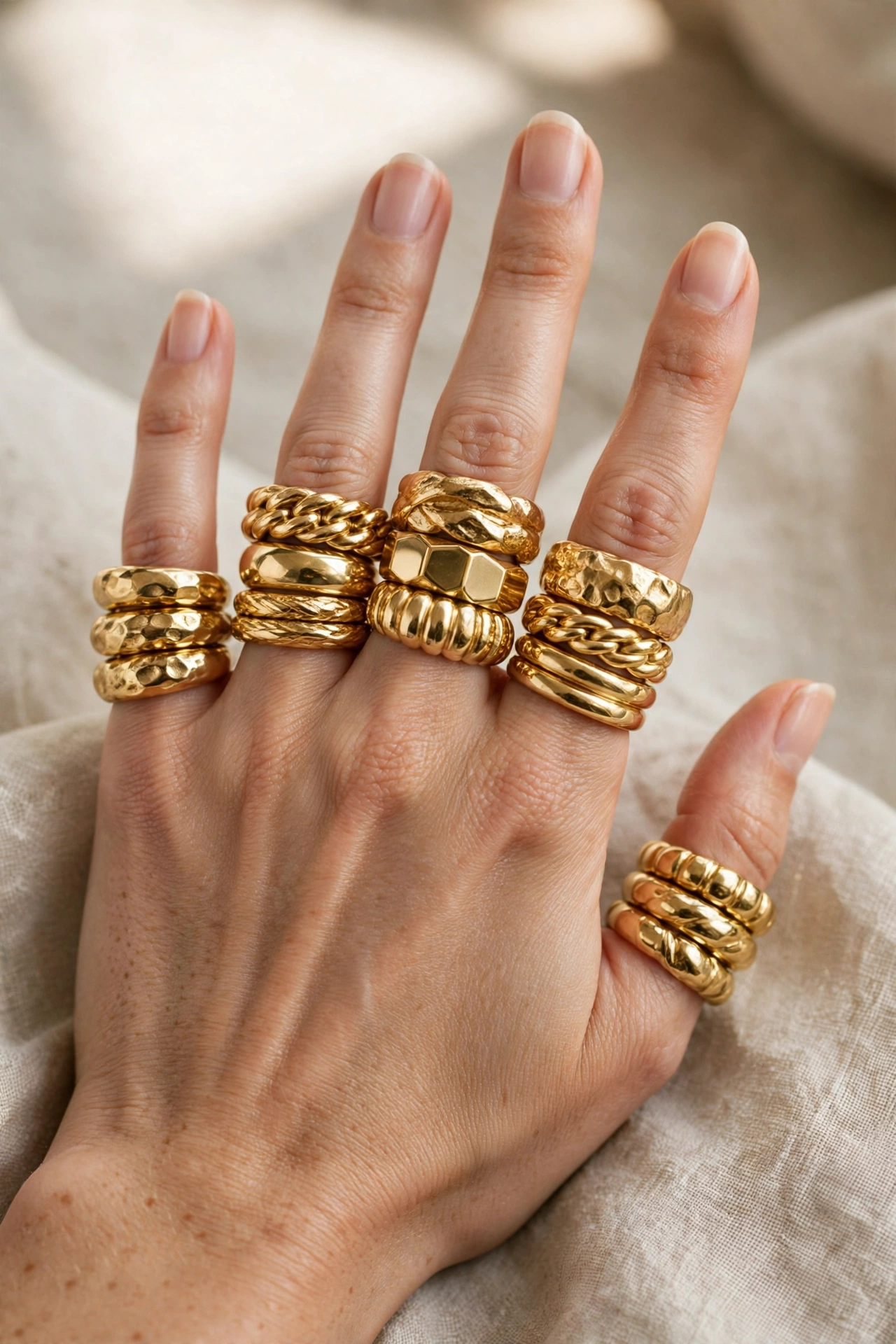 Woman's hand wearing stacked chunky gold rings on every finger in a bold hero look