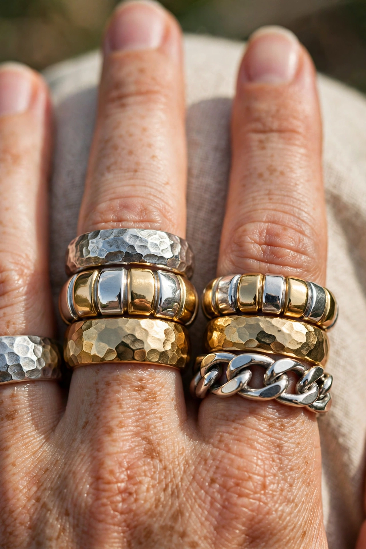 Close-up detail of mixed gold and silver chunky rings stacked together on fingers