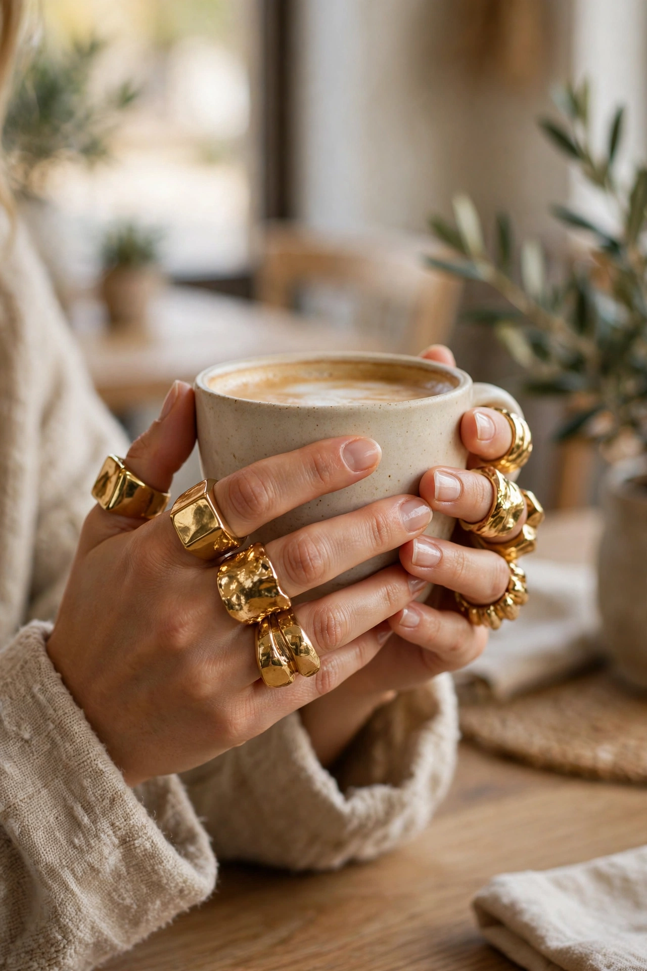 Lifestyle photo of hands holding a coffee cup while wearing bold chunky gold rings