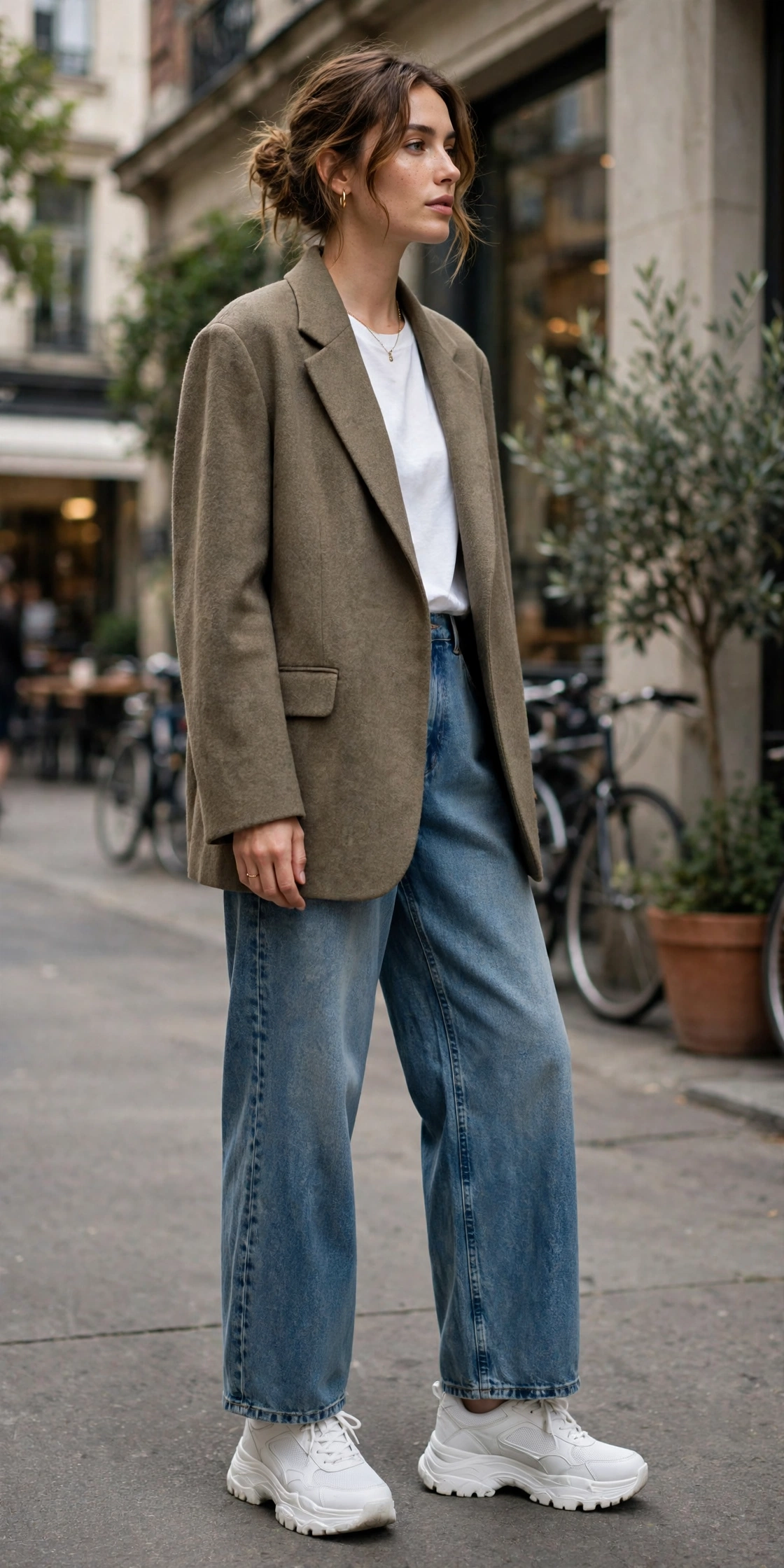 Woman wearing chunky white trainer shoes with wide-leg jeans and an oversized blazer
